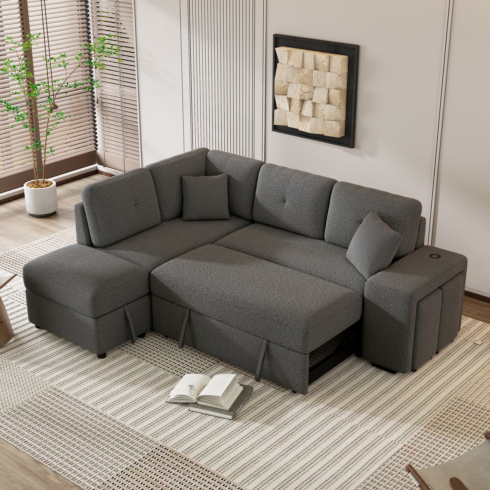 87.7" Convertible Sleeper, Sectional Pull Out Sofa Bed With Storage Ottoman, 2 Throw Pillows, 2 Stools, Wireless Charger And Two Hidden Usb Ports For Living Room, Dark Gray Dark Gray Chenille 4 Seat