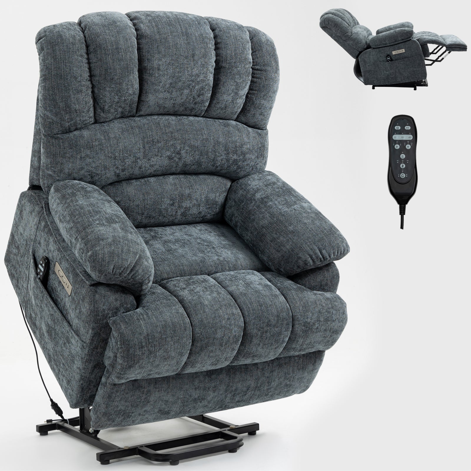 23" Seat Width And High Back Large Size Blue Chenille Power Lift Recliner Chair With 8 Point Vibration Massage And Lumbar Heating Blue Gray Chenille Metal Power Push Button Primary Living Space Medium Firm Cushion Back Heavy Duty American Design Pillow