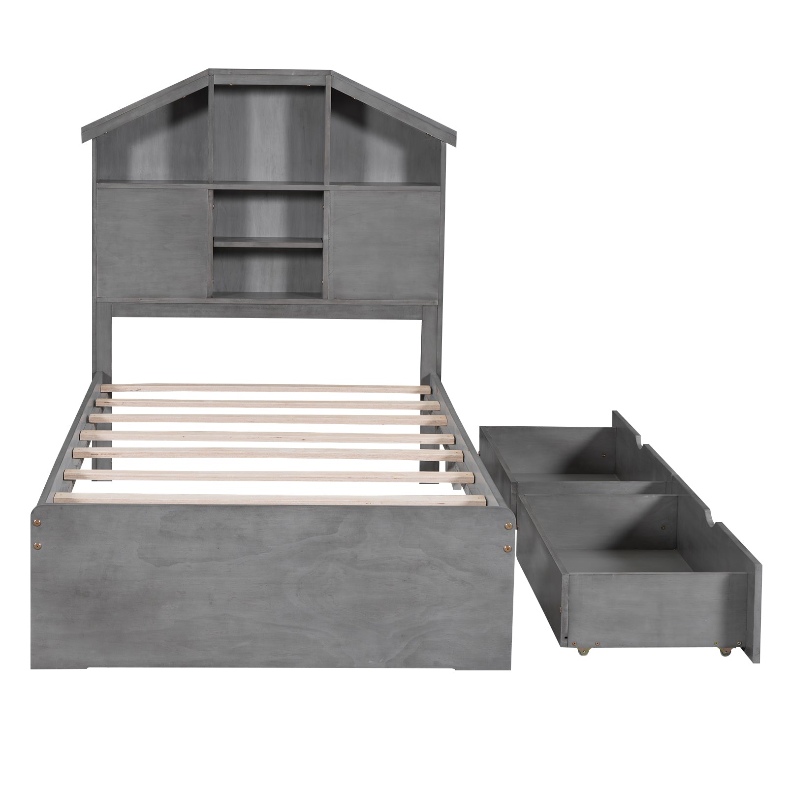 Twin Size Wood Platform Bed With House Shaped Storage Headboard And 2 Drawers, Gray Box Spring Not Required Twin Gray Wood Bedroom Solid Wood Mdf