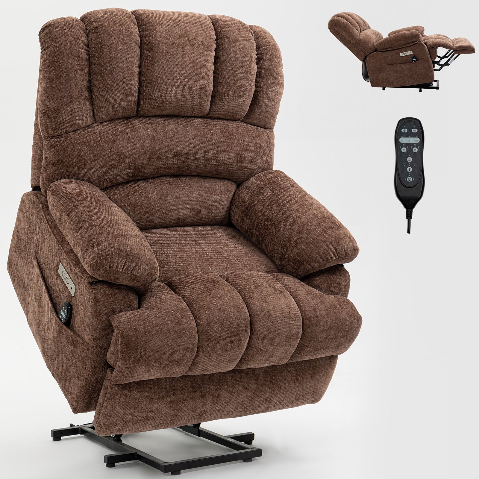 23" Seat Width And High Back Large Size Chenille Power Lift Recliner Chair With 8 Point Vibration Massage And Lumbar Heating, Brown White Metal Primary Living Space Heavy Duty Pine Dark Brown Chenille Power Push Button Medium Firm Cushion Back American