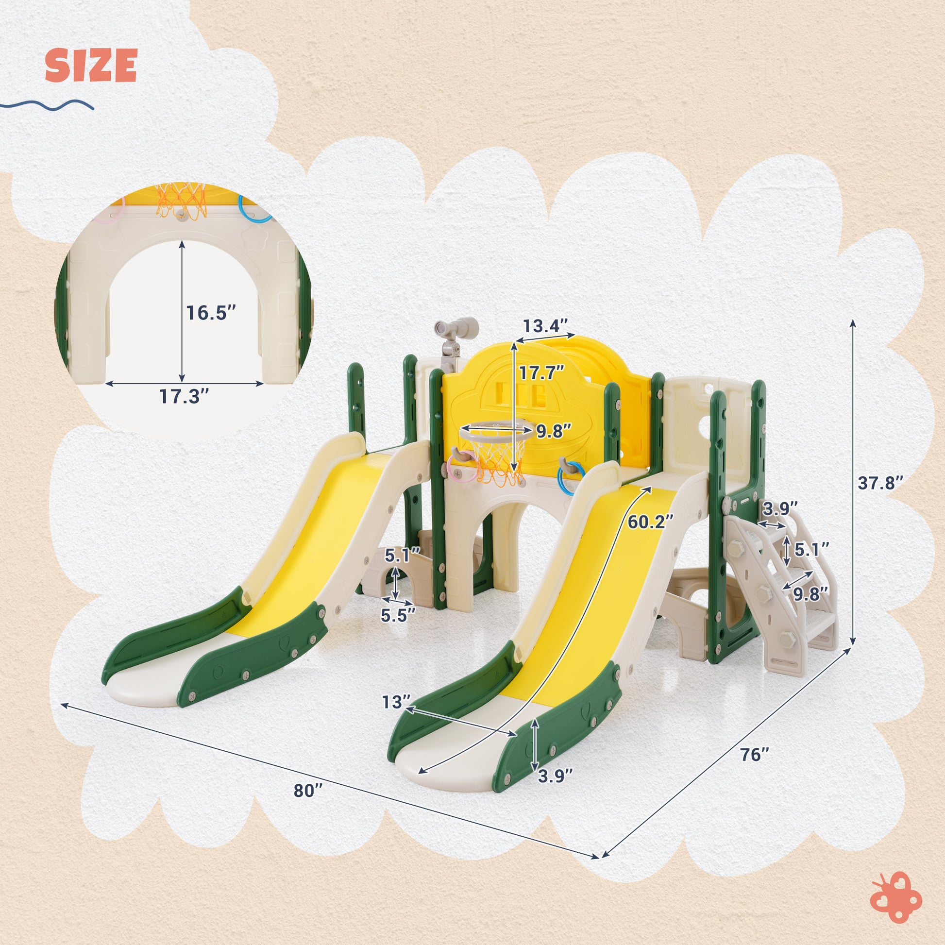 Kids Slide Playset Structure 7 In 1, Freestanding Space Set With Slide, Arch Tunnel, Ring Toss And Basketball Hoop,Double Slides For Toddlers, Kids Climbers Playground Yellow Hdpe