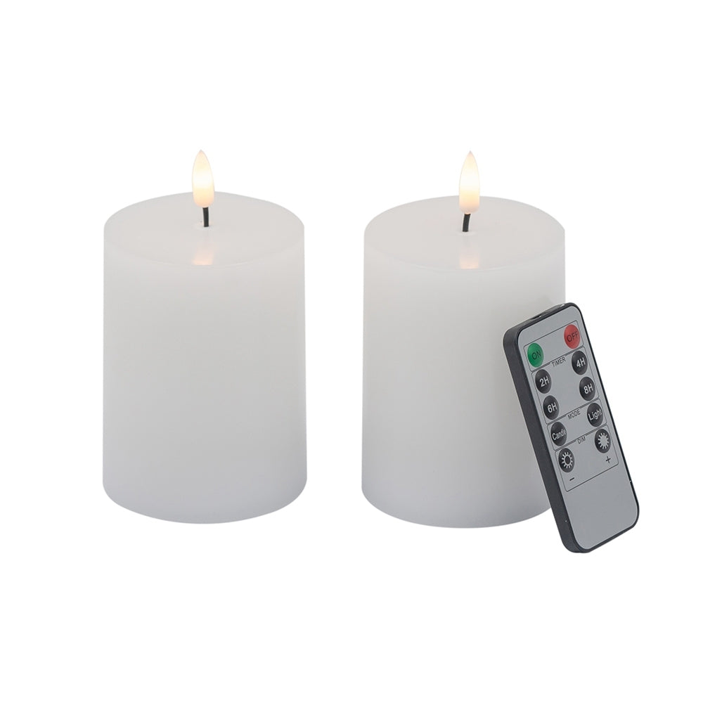 Set Of 2 White Led Candles With Wick And Remote Control Timer, 3X4" White Classic Plastic