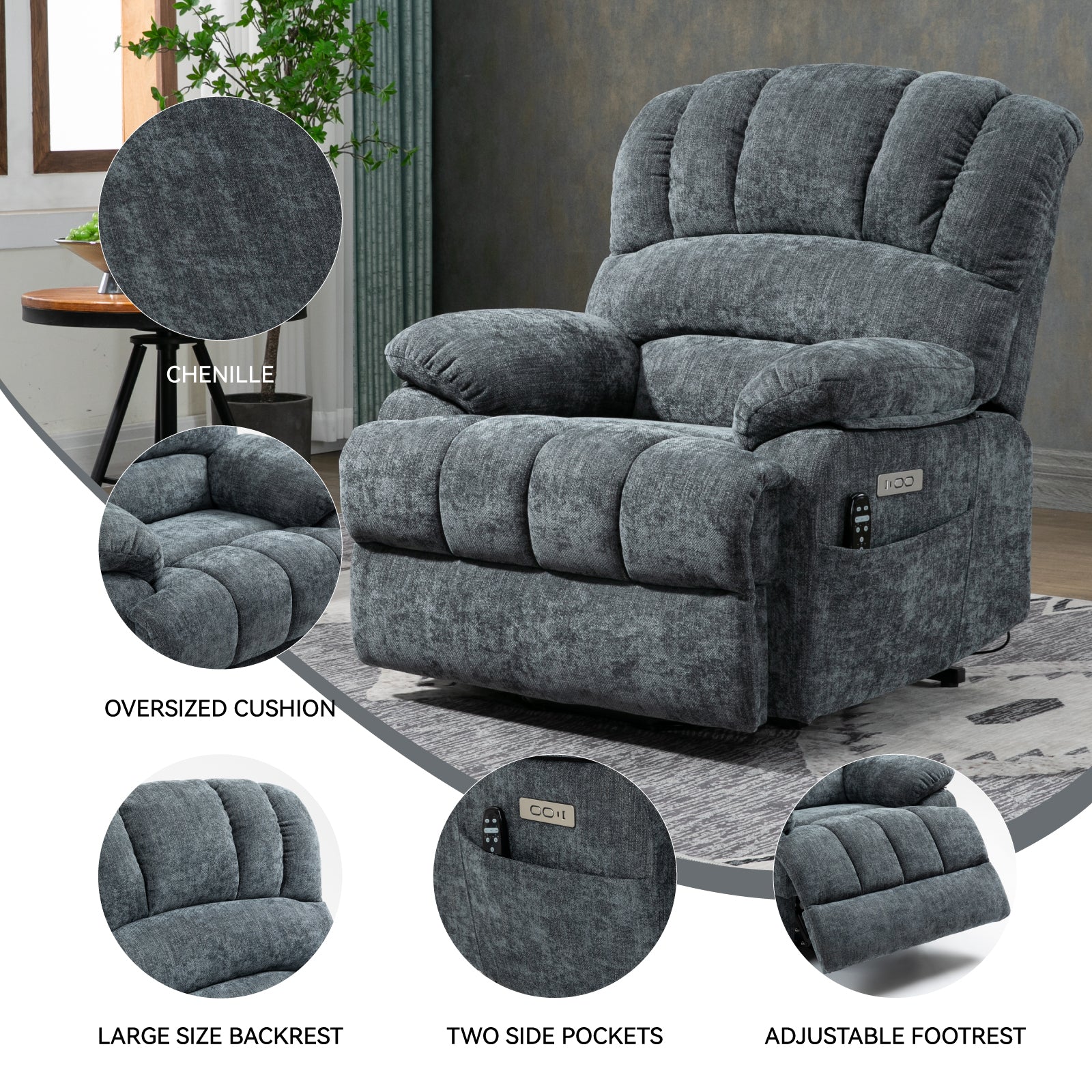 23" Seat Width And High Back Large Size Blue Chenille Power Lift Recliner Chair With 8 Point Vibration Massage And Lumbar Heating Blue Gray Chenille Metal Power Push Button Primary Living Space Medium Firm Cushion Back Heavy Duty American Design Pillow