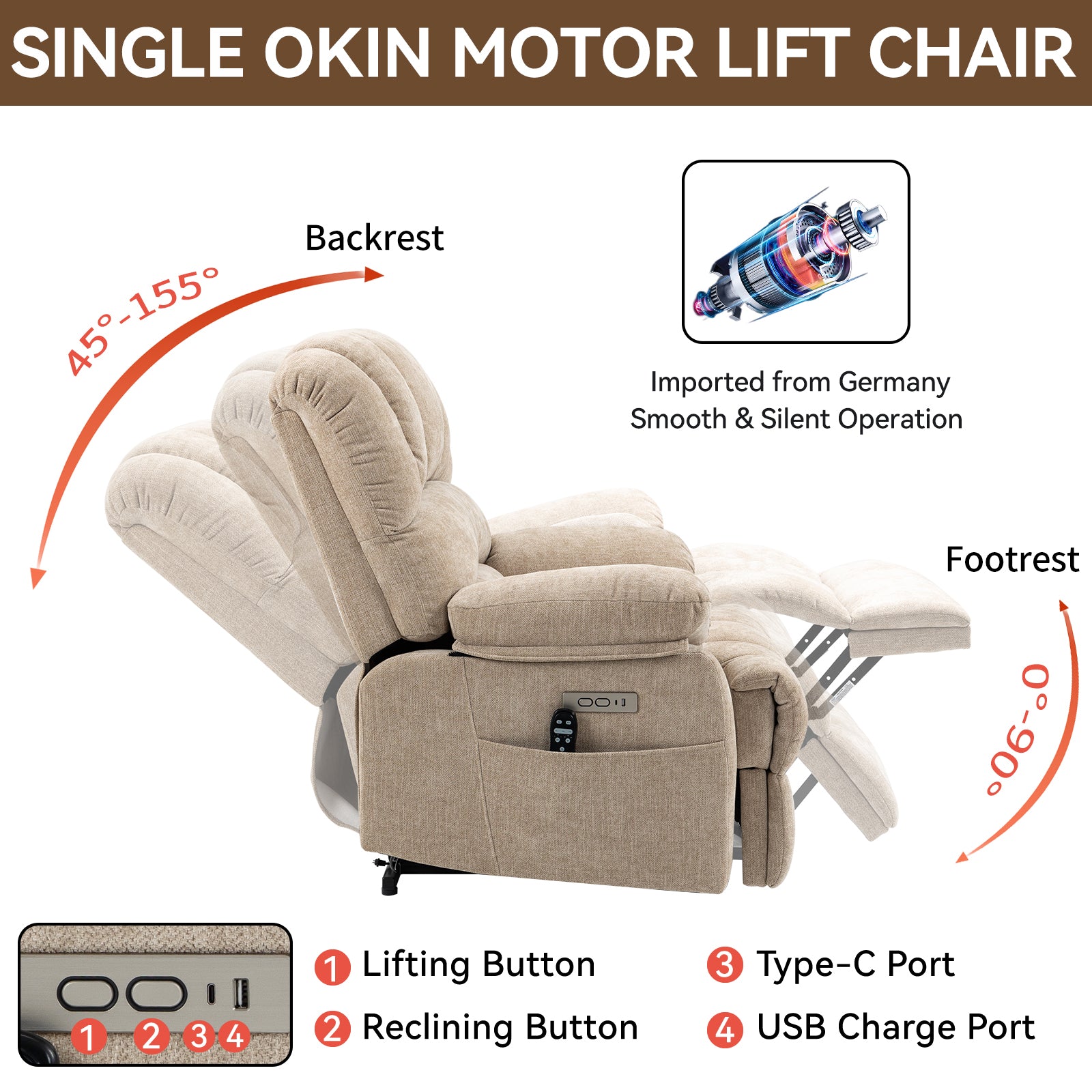 23" Seat Width And High Back Large Size Beige Chenille Power Lift Recliner Chair With 8 Point Vibration Massage And Lumbar Heating Beige Power Push Button Medium Firm Pillow Back Heavy Duty Pillow Top Arms Fiber Foam And Polyester Fiber Pad Chenille