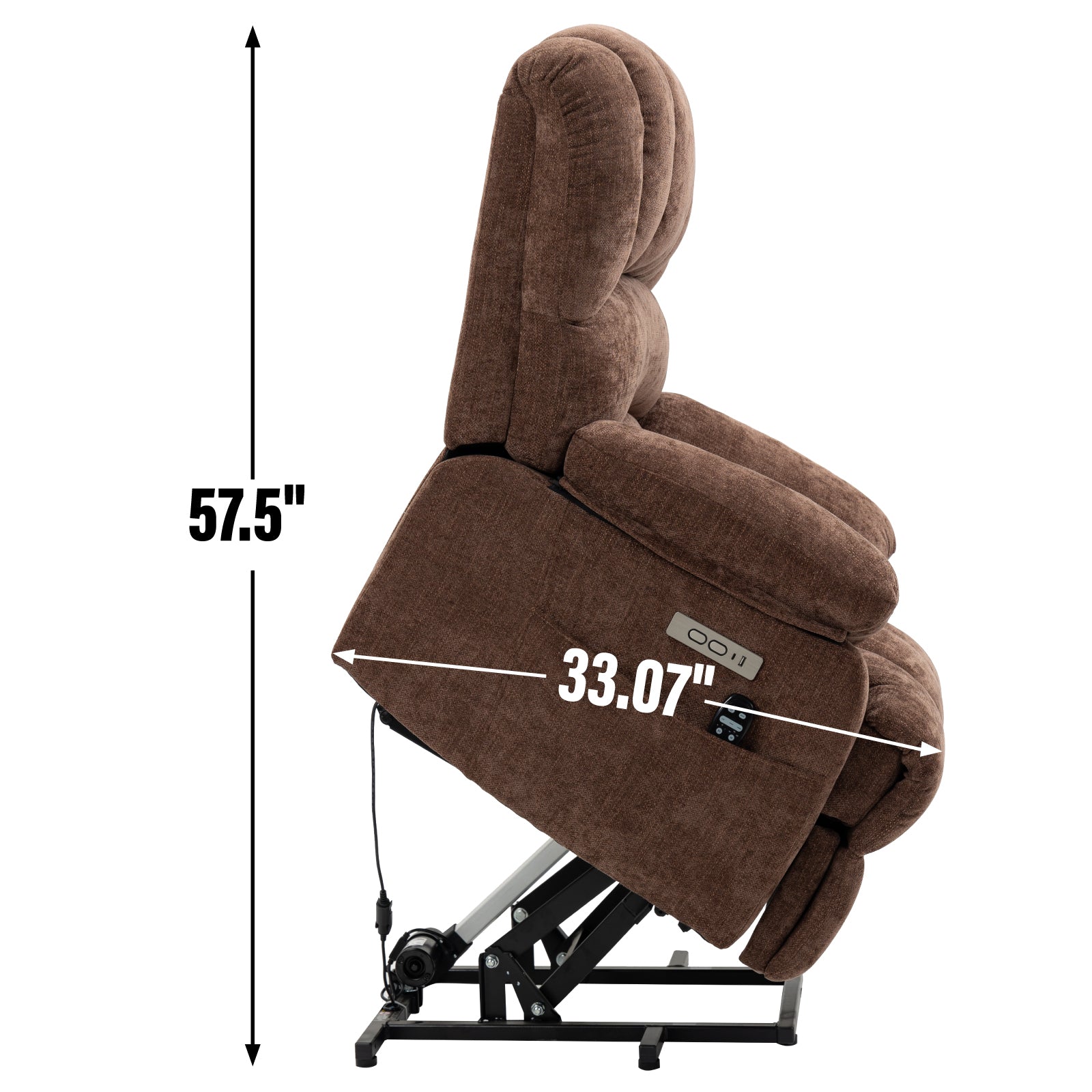 23" Seat Width And High Back Large Size Chenille Power Lift Recliner Chair With 8 Point Vibration Massage And Lumbar Heating, Brown White Metal Primary Living Space Heavy Duty Pine Dark Brown Chenille Power Push Button Medium Firm Cushion Back American