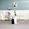 Modern Style Glass Table, Pu Fabric Chair Electroplated Chair Legs, Solid Support Base, Furniture Made Of Selected Materials To Highlight Fashion, Suitable For Living Room Use Set Of 5 White Mdf Metal