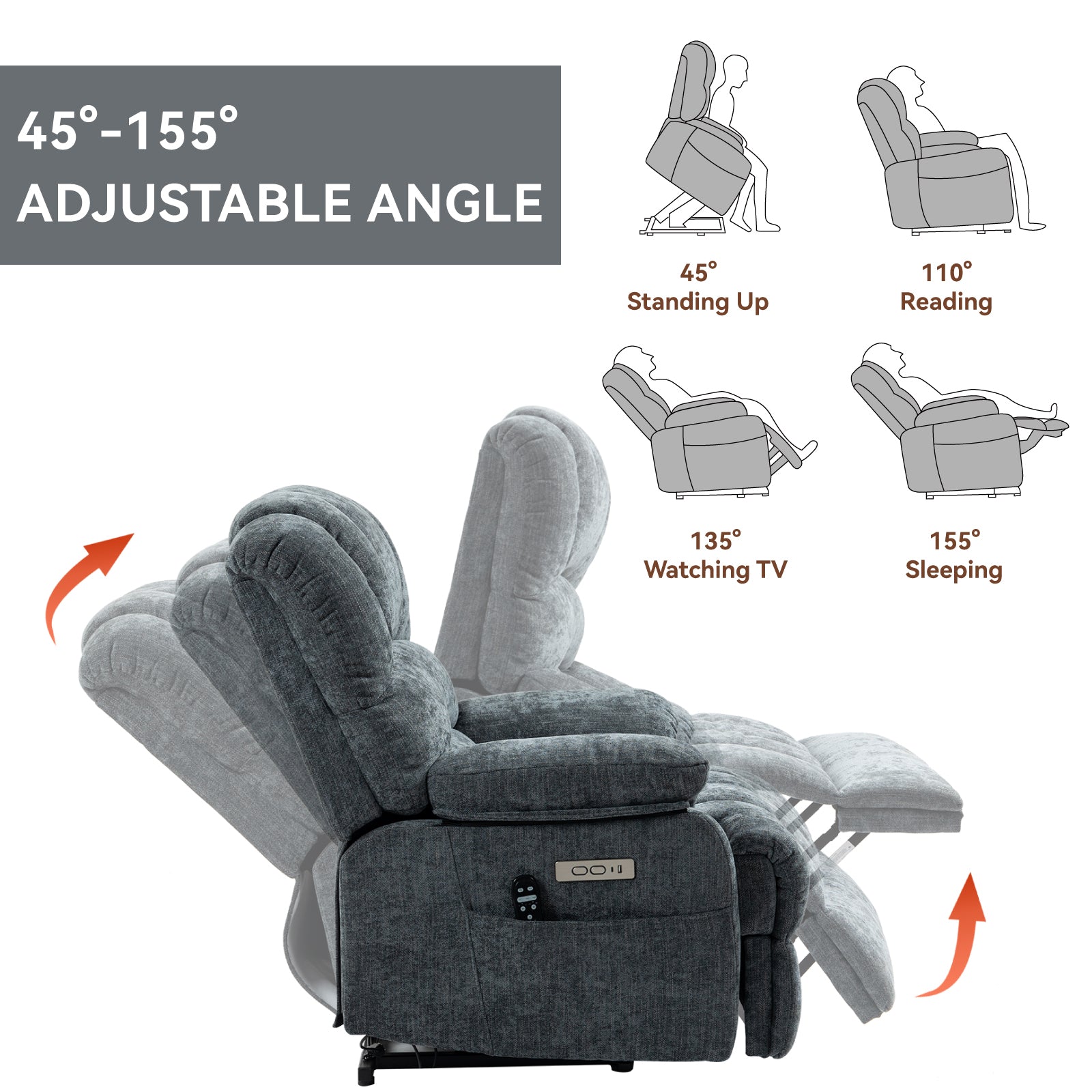 23" Seat Width And High Back Large Size Blue Chenille Power Lift Recliner Chair With 8 Point Vibration Massage And Lumbar Heating Blue Gray Chenille Metal Power Push Button Primary Living Space Medium Firm Cushion Back Heavy Duty American Design Pillow