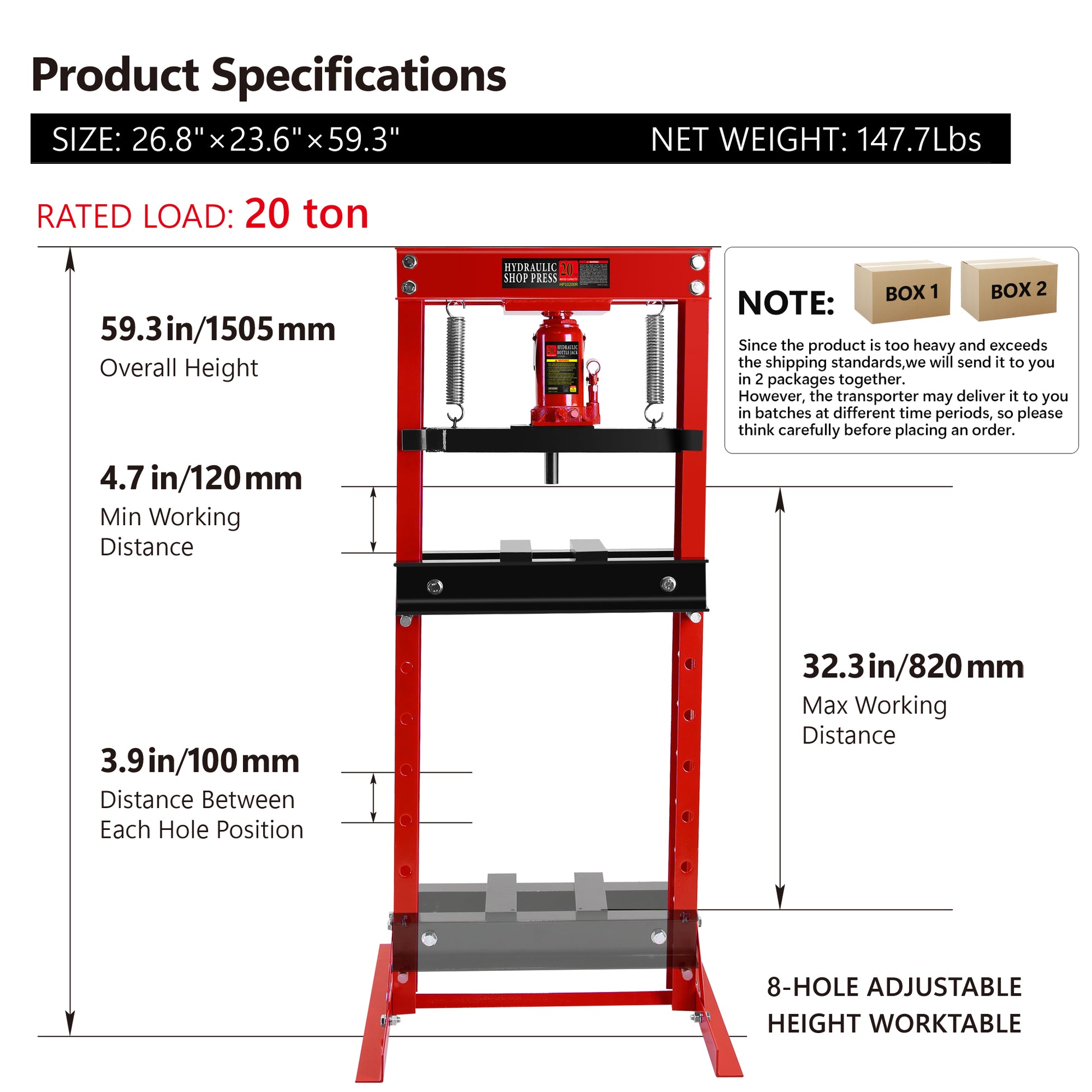 20 Ton Hydraulic Shop Floor Press, Steel H Frame Shop Press,Adjustable Working Table, Floor Stand Jack For Gears And Bearings,Red Red Steel