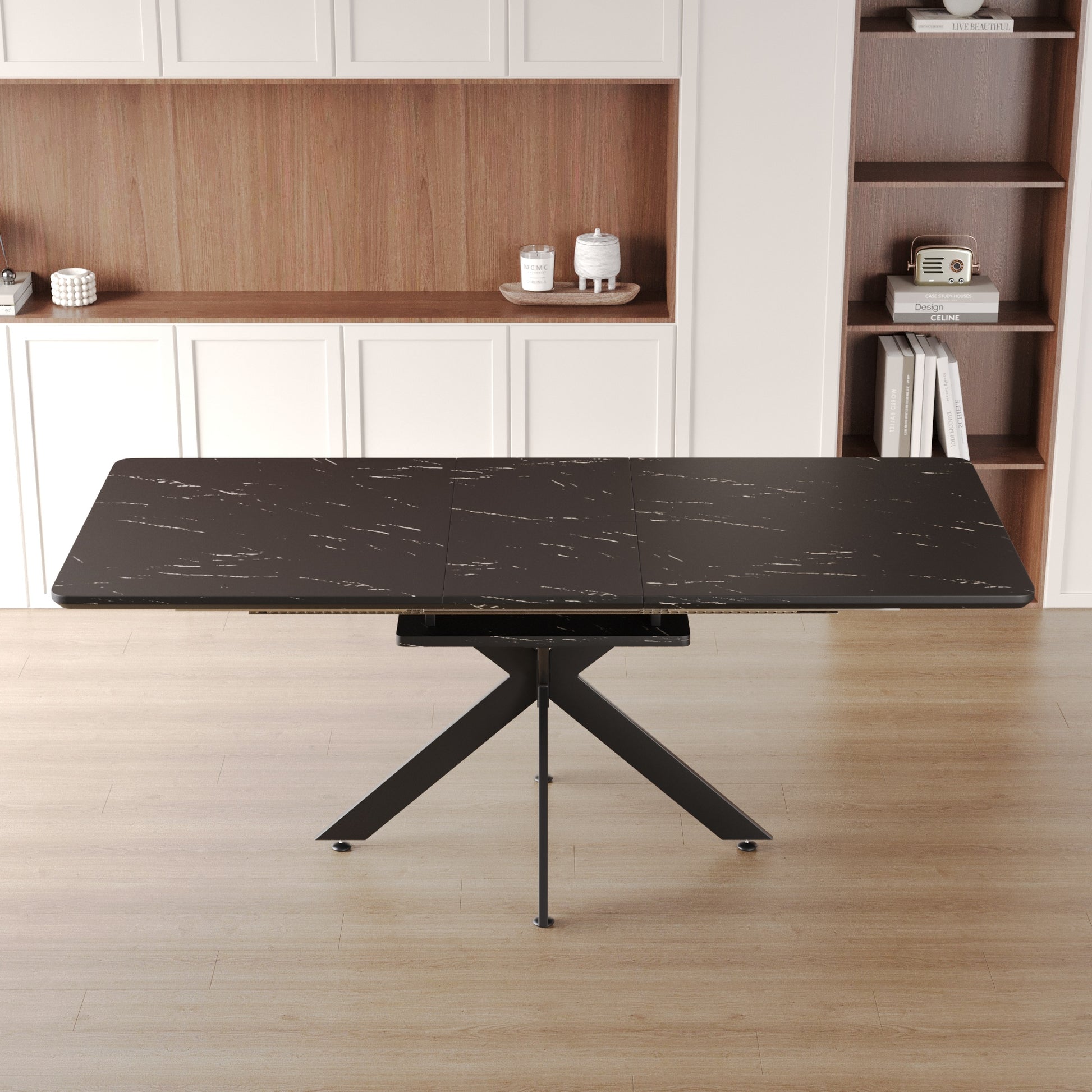 Scalable Dining Table Table Set For 4 8 Person For Dining Room,Curved Backrest Round Upholstered Soft Padded Armless Dining Chairs And Very Large Dining Room Table Kitchen Table Chair Set Black White Mdf Metal