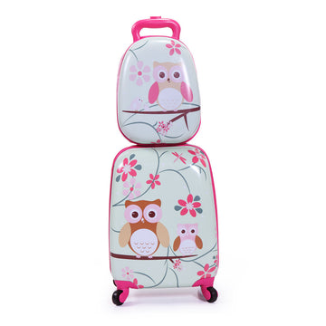 2 Pcs Kids Luggage Set, 12" Backpack And 16" Spinner Case With 4 Universal Wheels, Travel Suitcase For Boys Girls, Pink With Animal Patterns Pink Abs Pc