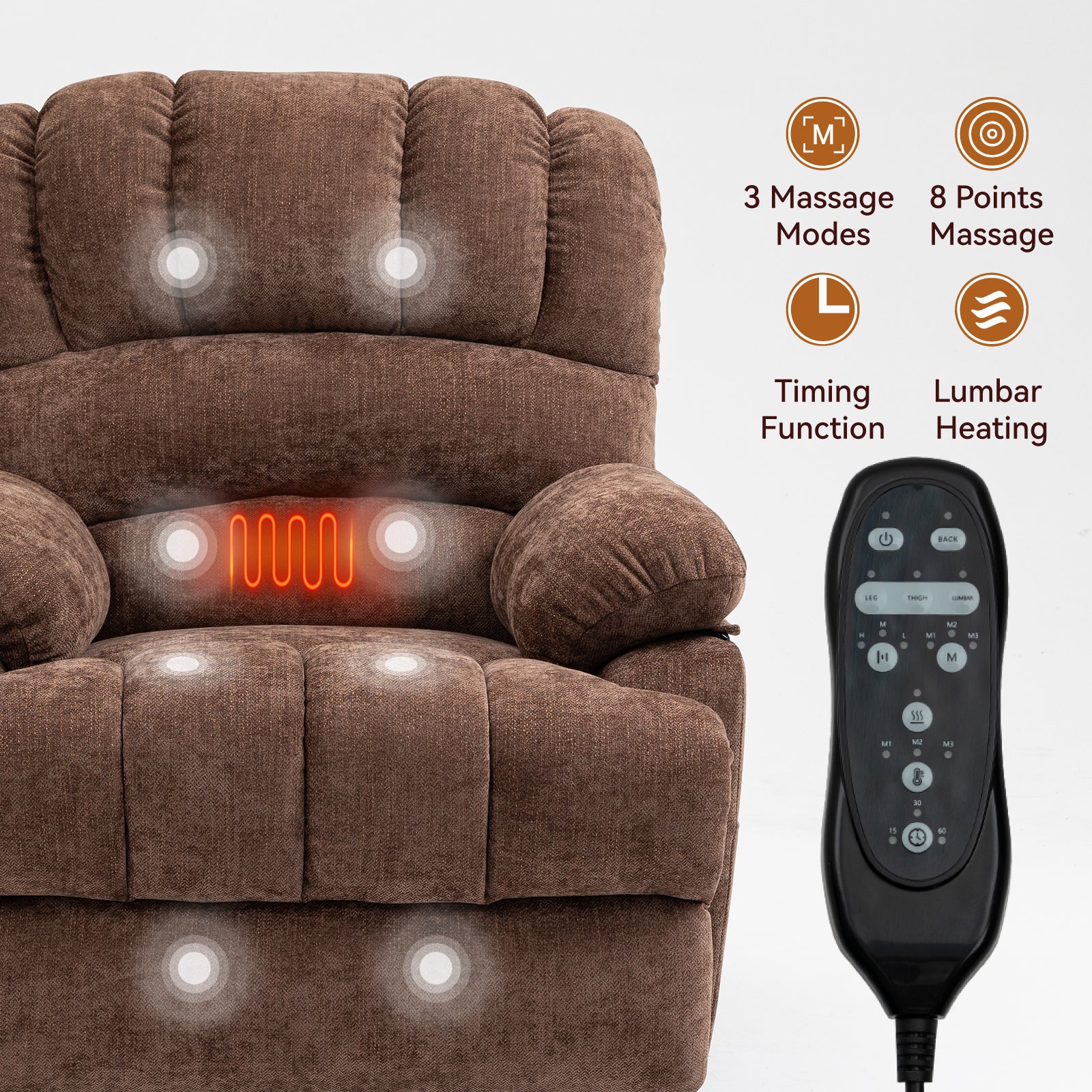 23" Seat Width And High Back Large Size Chenille Power Lift Recliner Chair With 8 Point Vibration Massage And Lumbar Heating, Brown White Metal Primary Living Space Heavy Duty Pine Dark Brown Chenille Power Push Button Medium Firm Cushion Back American