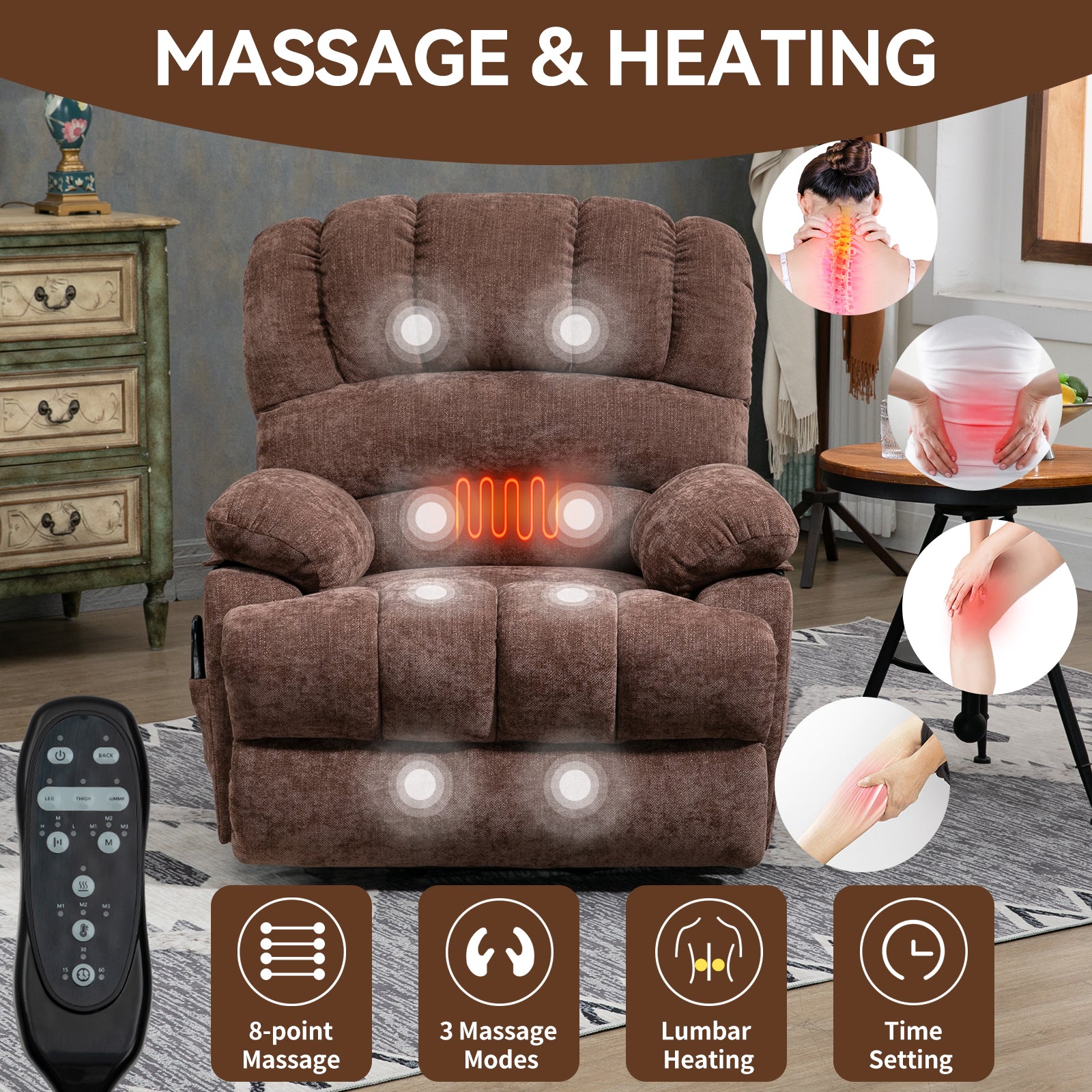 23" Seat Width And High Back Large Size Chenille Power Lift Recliner Chair With 8 Point Vibration Massage And Lumbar Heating, Brown White Metal Primary Living Space Heavy Duty Pine Dark Brown Chenille Power Push Button Medium Firm Cushion Back American