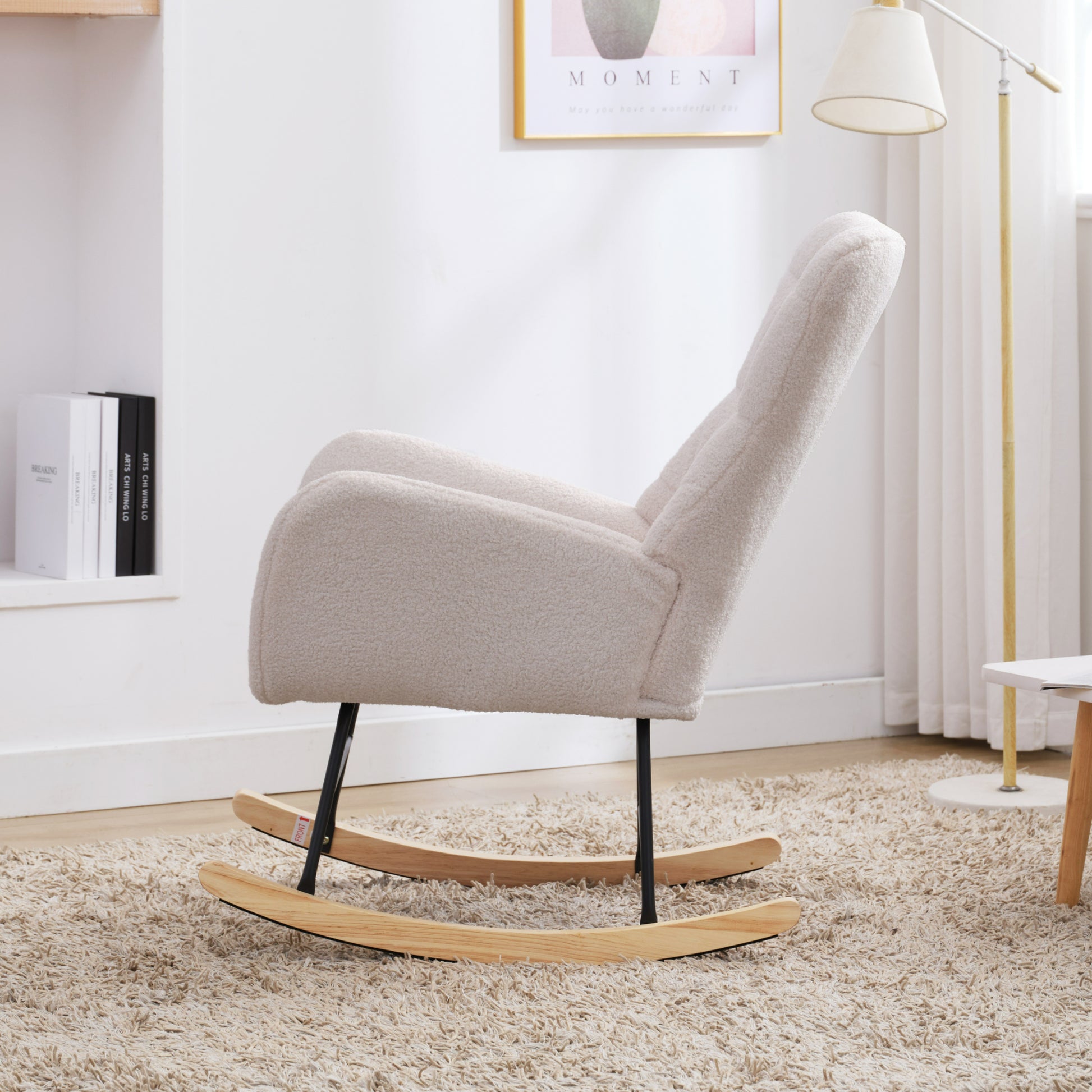 Nursery Rocking Chair, Teddy Upholstered Glider Rocker, Rocking Accent Chair With High Backrest, Comfy Rocking Accent Armchair For Living Room, Bedroom, Offices, White Iron White Primary Living Space Varnished Sponge Square Casual Rocking Chairs