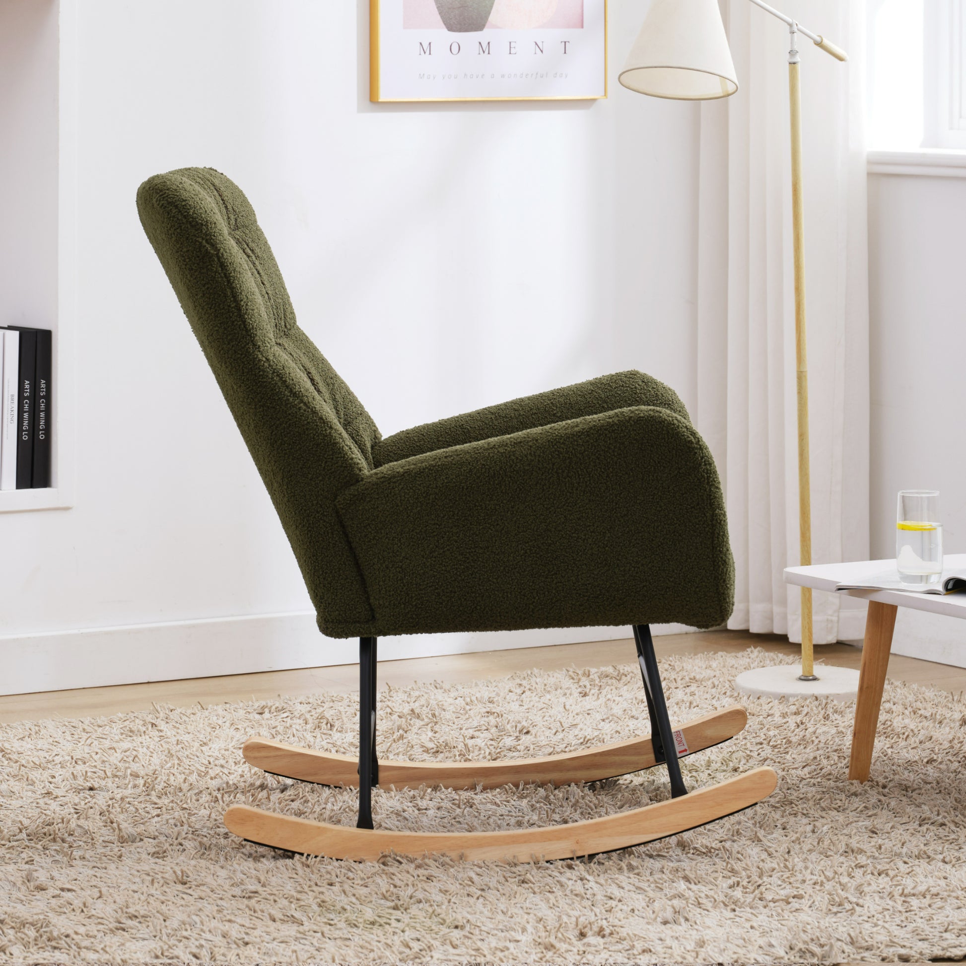 Nursery Rocking Chair, Teddy Upholstered Glider Rocker, Rocking Accent Chair With High Backrest, Comfy Rocking Accent Armchair For Living Room, Bedroom, Offices, Dark Green Iron Dark Green Primary Living Space Varnished Sponge Square Casual Rocking