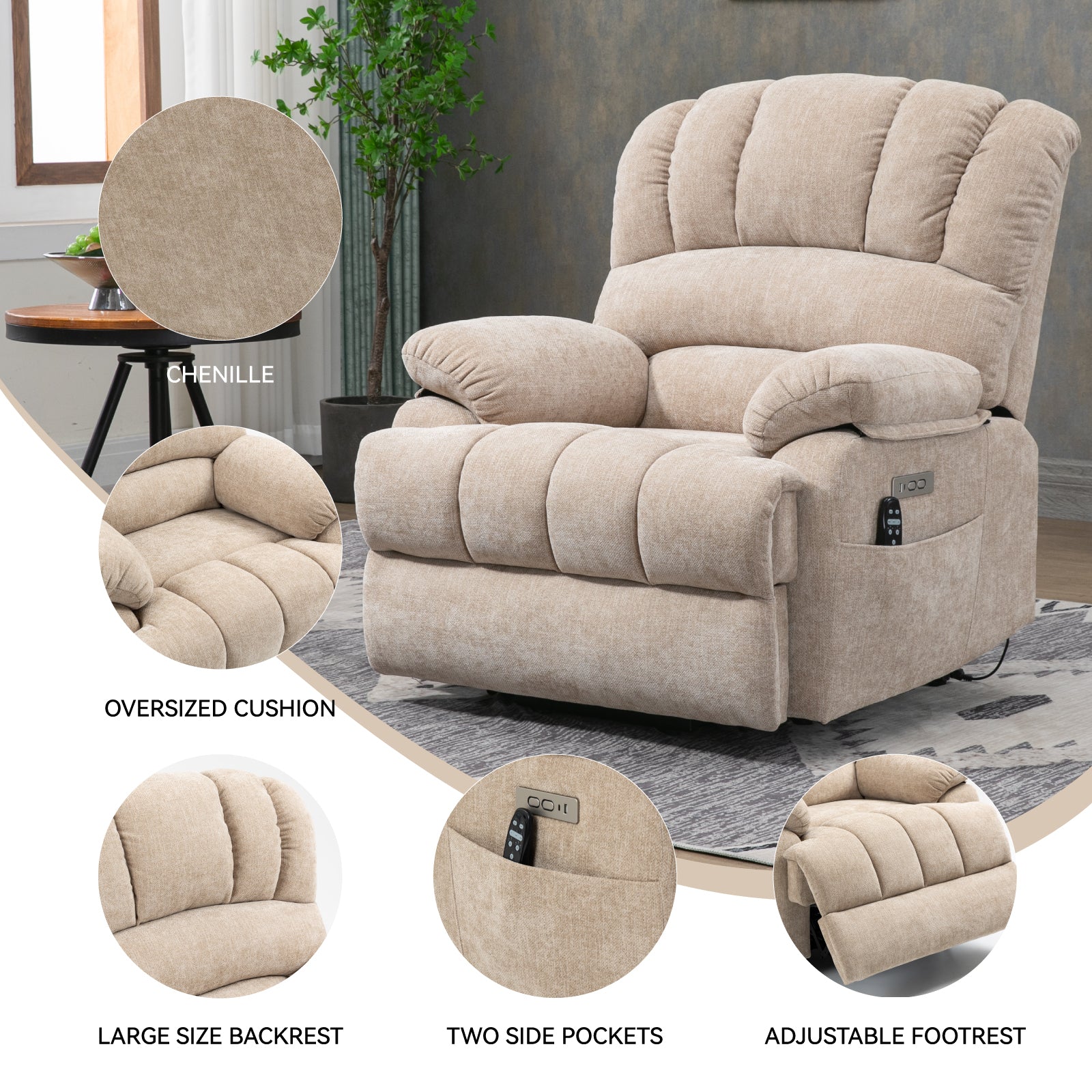 23" Seat Width And High Back Large Size Beige Chenille Power Lift Recliner Chair With 8 Point Vibration Massage And Lumbar Heating Beige Power Push Button Medium Firm Pillow Back Heavy Duty Pillow Top Arms Fiber Foam And Polyester Fiber Pad Chenille