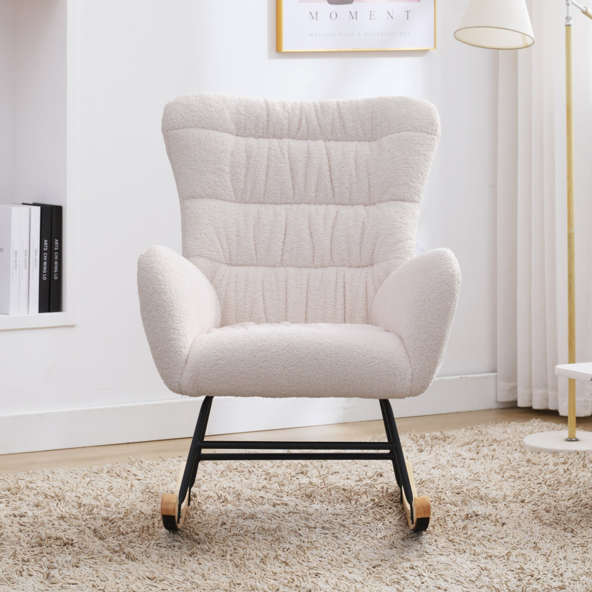 Nursery Rocking Chair, Teddy Upholstered Glider Rocker, Rocking Accent Chair With High Backrest, Comfy Rocking Accent Armchair For Living Room, Bedroom, Offices, White Iron White Primary Living Space Varnished Sponge Square Casual Rocking Chairs