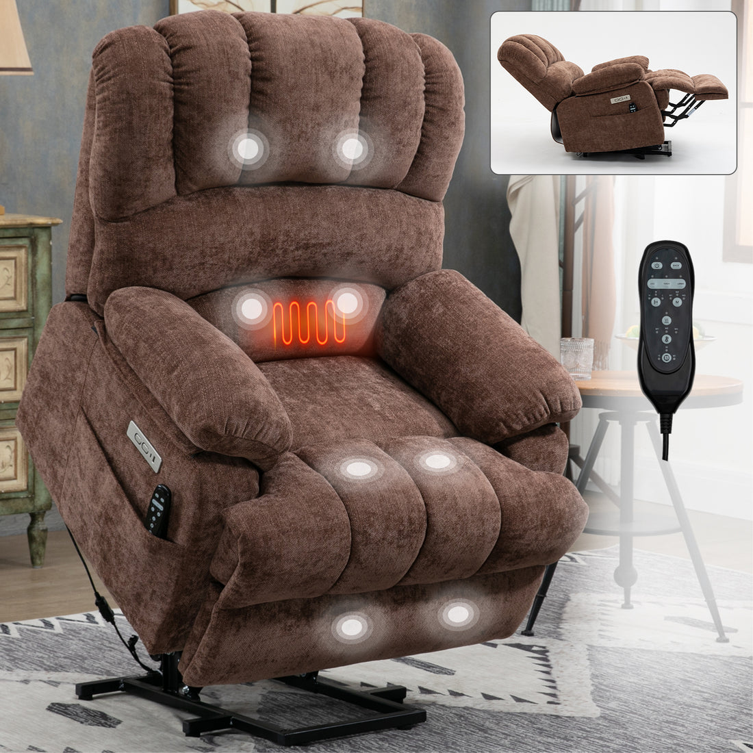 23" Seat Width And High Back Large Size Chenille Power Lift Recliner Chair With 8 Point Vibration Massage And Lumbar Heating, Brown White Metal Primary Living Space Heavy Duty Pine Dark Brown Chenille Power Push Button Medium Firm Cushion Back American