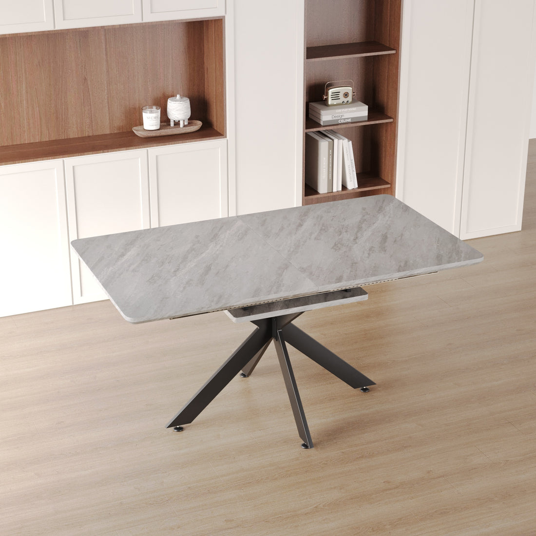 62.4" Extendable 78.15"Very Large Grey Dining Table Modern Mid Century Kitchen Table Set For Dining Room, Party Table,Conference Table,Black Metal X Shape Legs. Grey Black Mdf