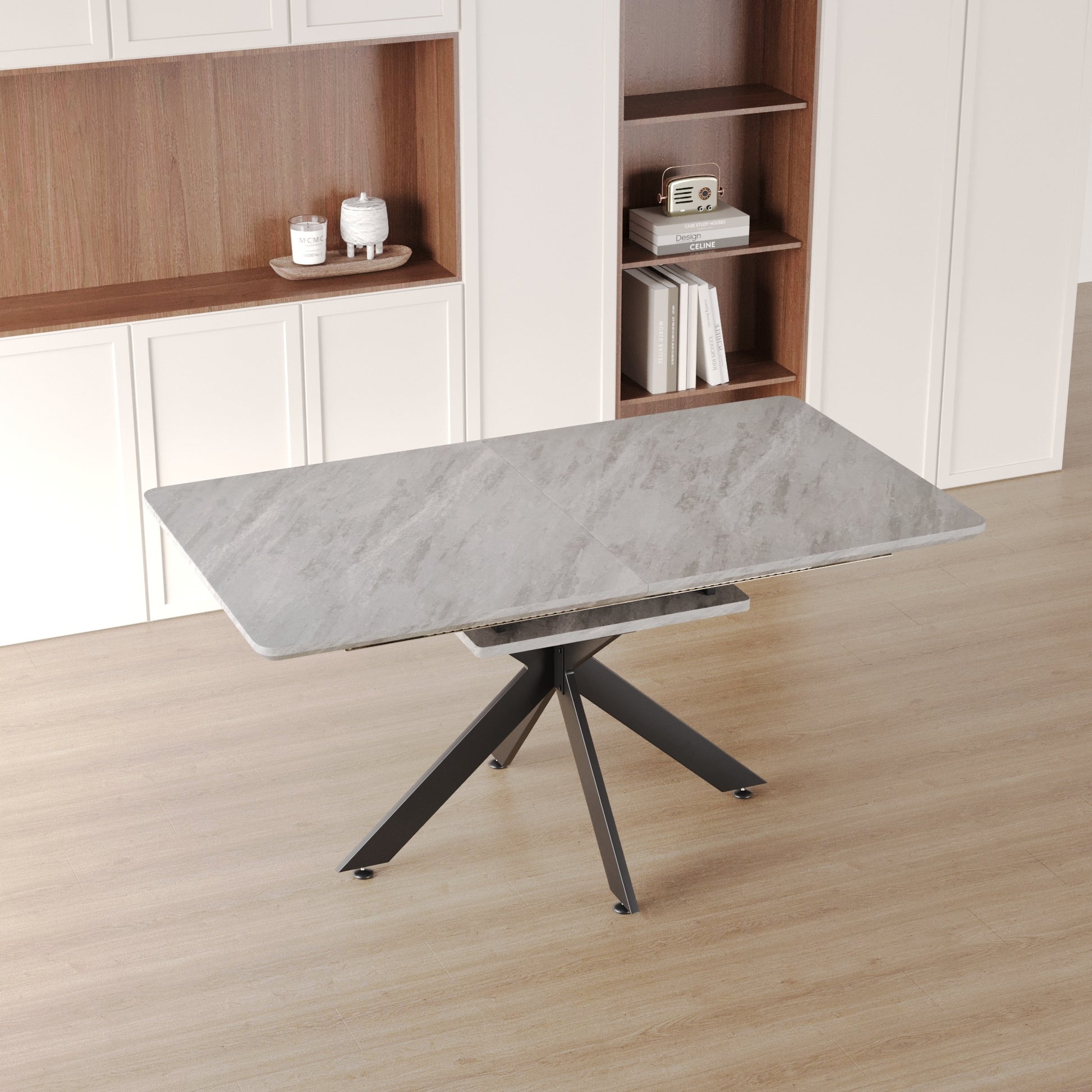 62.4" Extendable 78.15"Very Large Grey Dining Table Modern Mid Century Kitchen Table Set For Dining Room, Party Table,Conference Table,Black Metal X Shape Legs. Grey Black Mdf