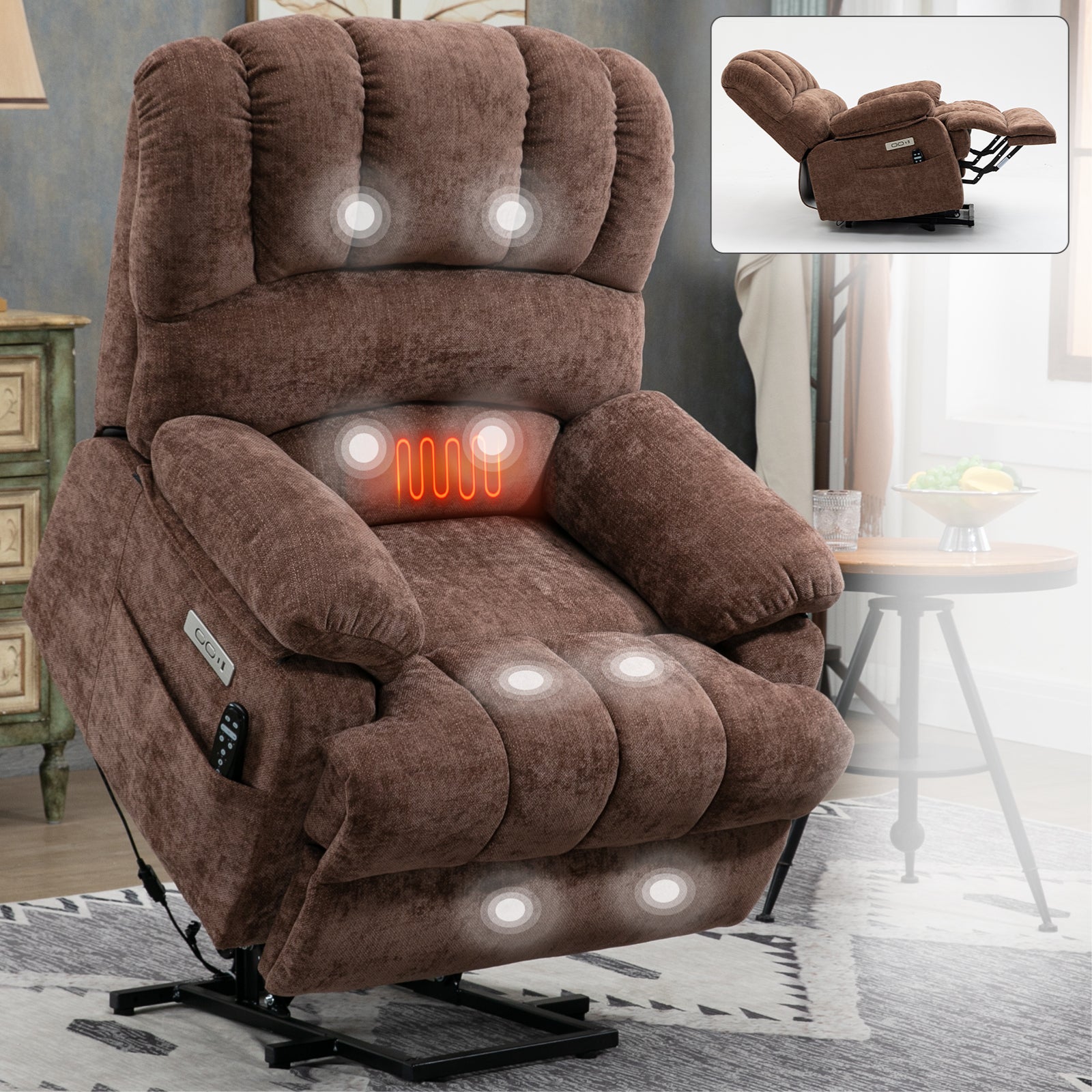 23" Seat Width And High Back Large Size Chenille Power Lift Recliner Chair With 8 Point Vibration Massage And Lumbar Heating, Brown White Metal Primary Living Space Heavy Duty Pine Dark Brown Chenille Power Push Button Medium Firm Cushion Back American