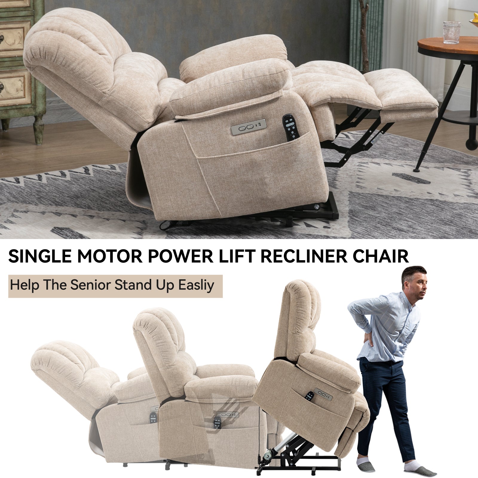 23" Seat Width And High Back Large Size Beige Chenille Power Lift Recliner Chair With 8 Point Vibration Massage And Lumbar Heating Beige Power Push Button Medium Firm Pillow Back Heavy Duty Pillow Top Arms Fiber Foam And Polyester Fiber Pad Chenille