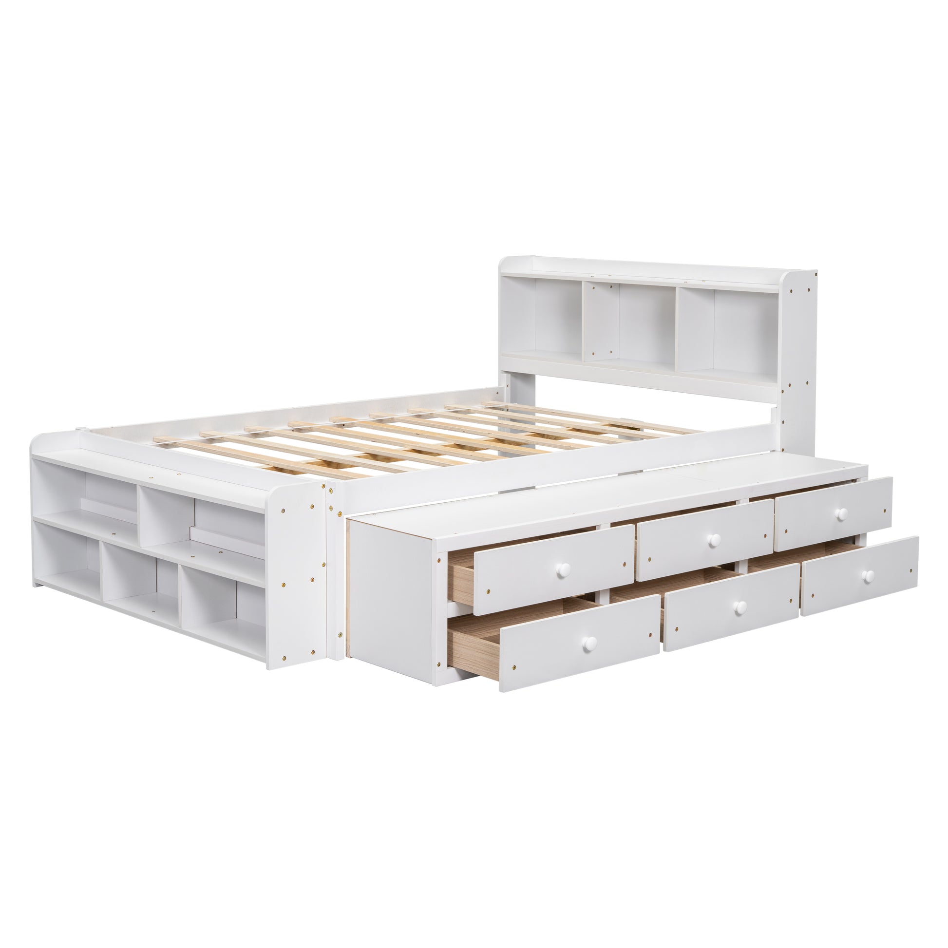 Full Bed With Bookcase Headboard, Under Bed Storage Drawers And Bed End Storage Case,White Full White American Design Pine