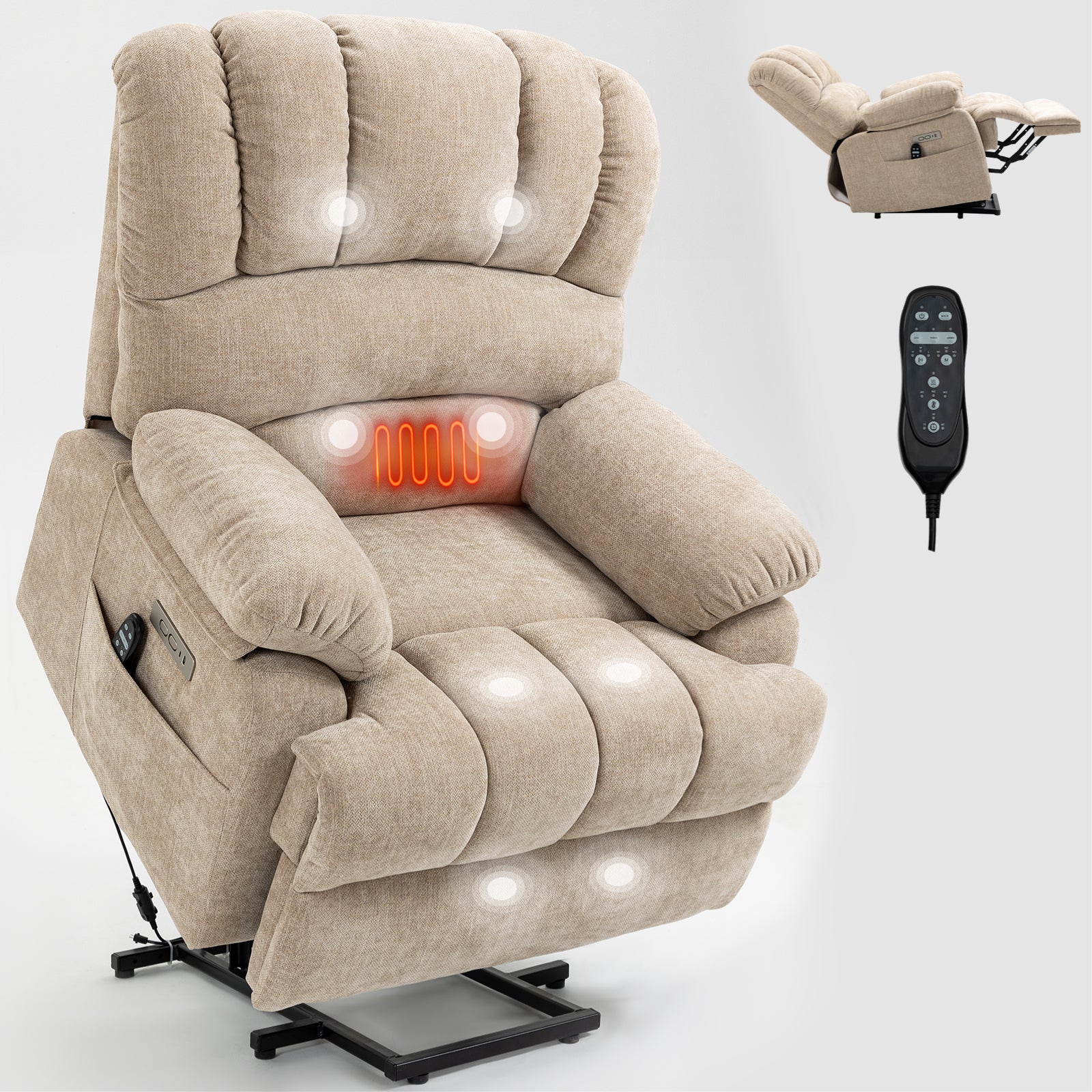 23" Seat Width And High Back Large Size Beige Chenille Power Lift Recliner Chair With 8 Point Vibration Massage And Lumbar Heating Beige Power Push Button Medium Firm Pillow Back Heavy Duty Pillow Top Arms Fiber Foam And Polyester Fiber Pad Chenille