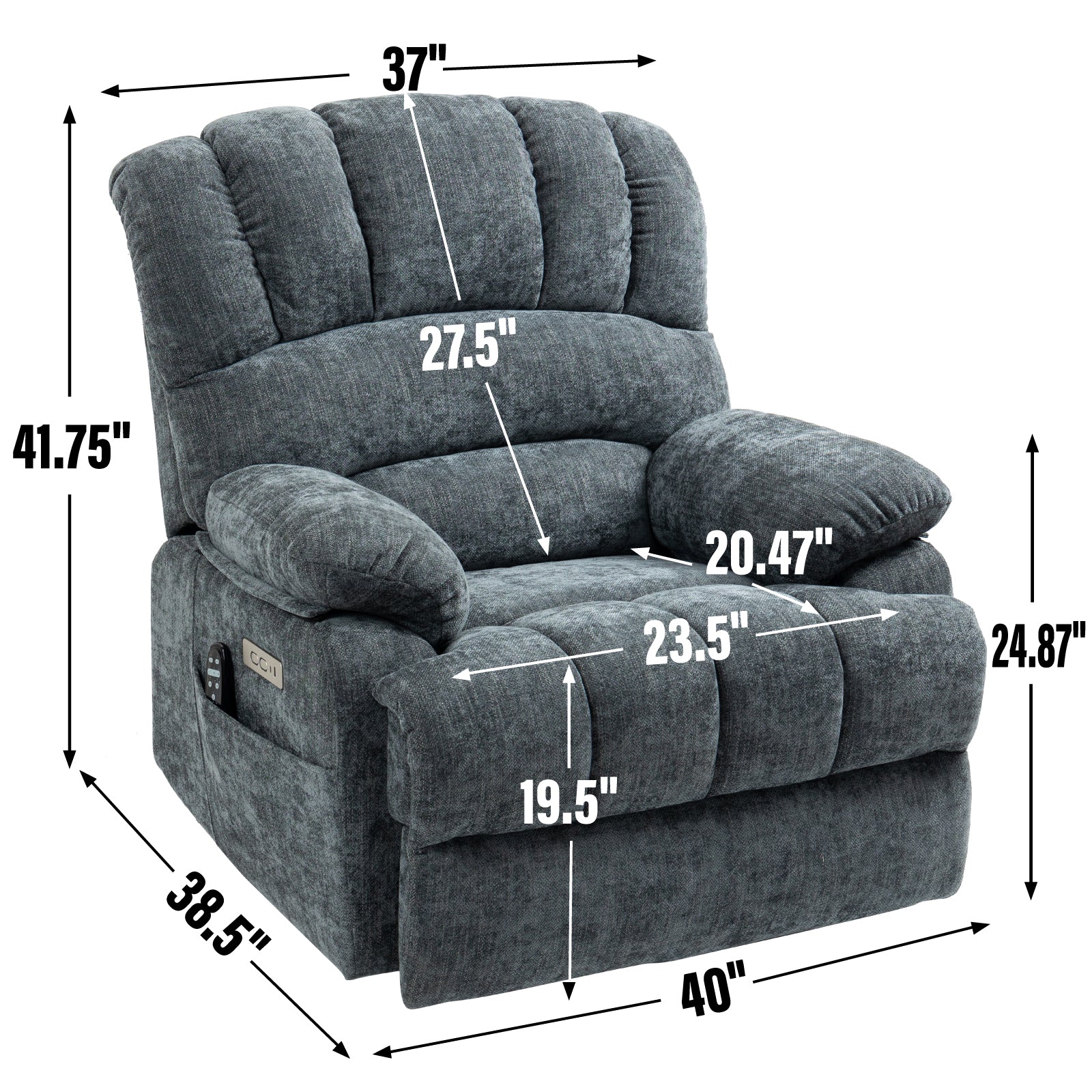 23" Seat Width And High Back Large Size Blue Chenille Power Lift Recliner Chair With 8 Point Vibration Massage And Lumbar Heating Blue Gray Chenille Metal Power Push Button Primary Living Space Medium Firm Cushion Back Heavy Duty American Design Pillow