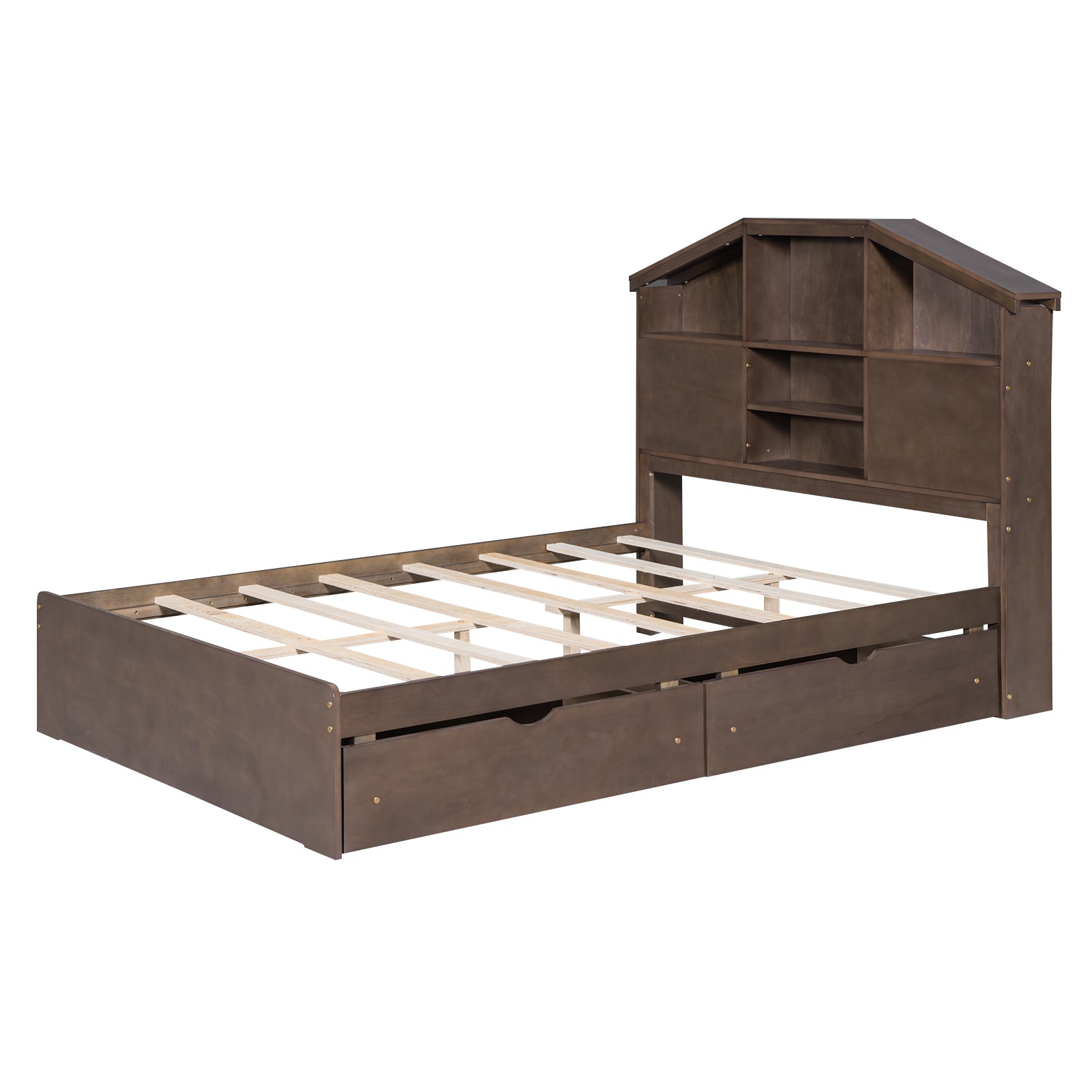 Full Size Wood Platform Bed With House Shaped Storage Headboard And 2 Drawers, Walnut Box Spring Not Required Full Walnut Wood Bedroom Solid Wood Mdf