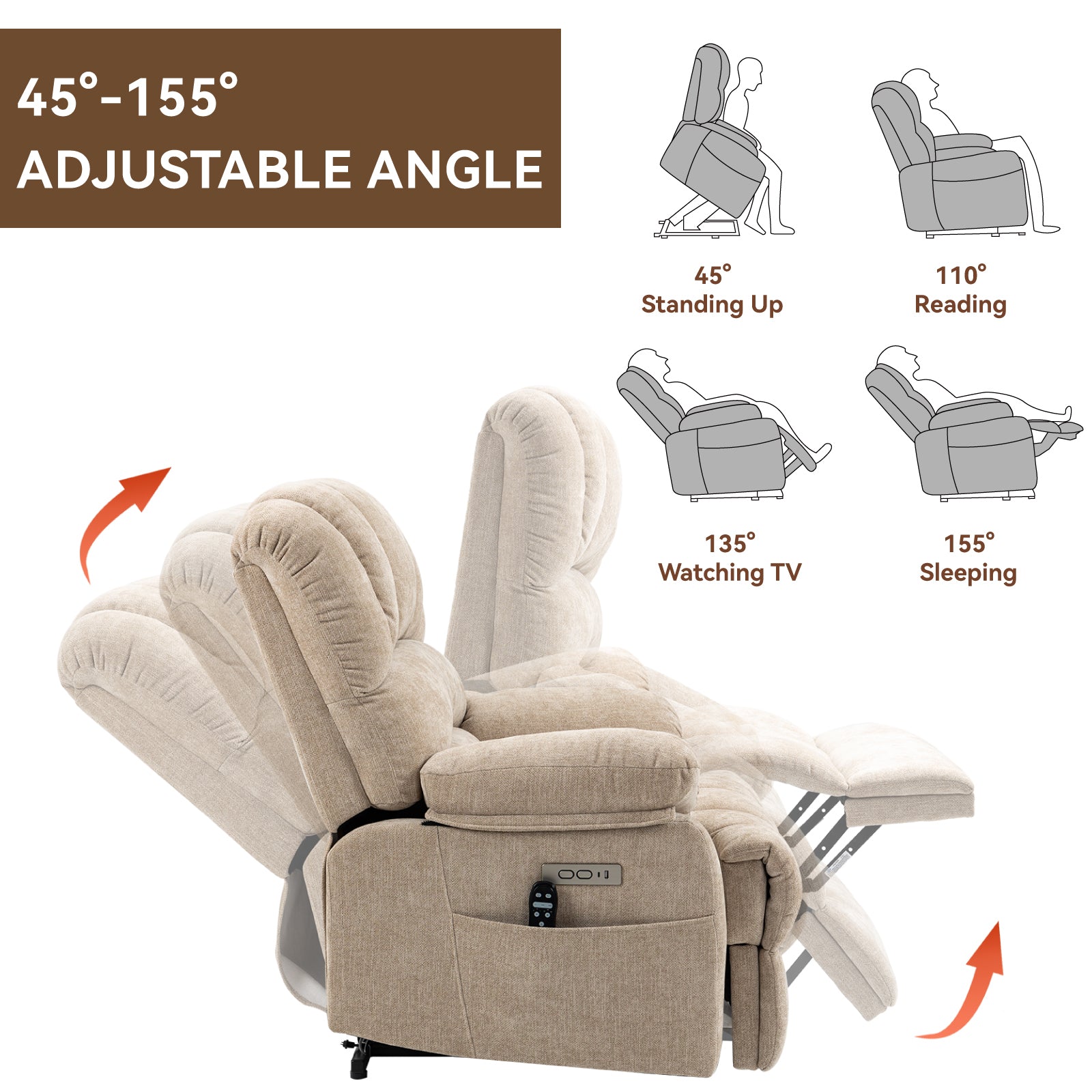 23" Seat Width And High Back Large Size Beige Chenille Power Lift Recliner Chair With 8 Point Vibration Massage And Lumbar Heating Beige Power Push Button Medium Firm Pillow Back Heavy Duty Pillow Top Arms Fiber Foam And Polyester Fiber Pad Chenille