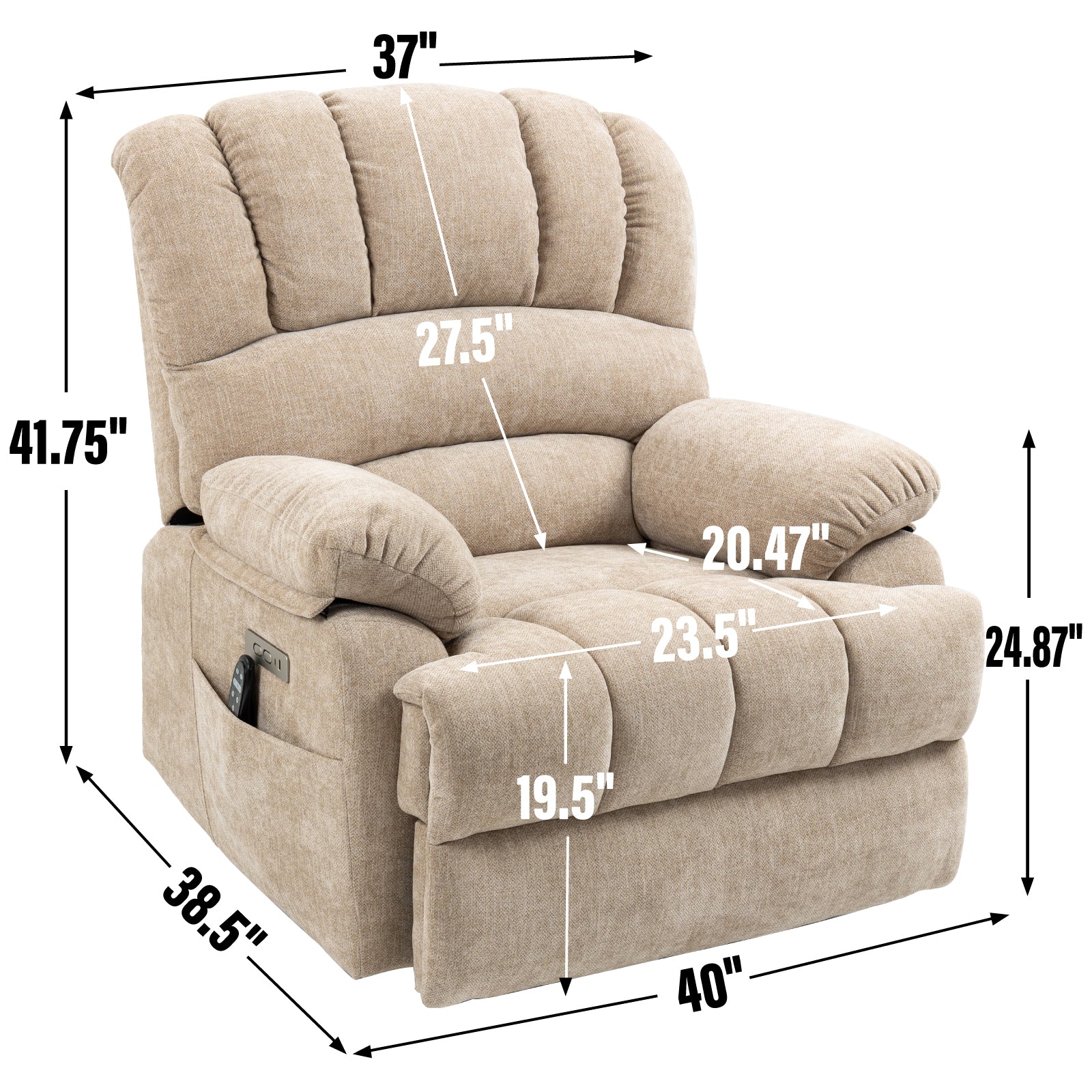 23" Seat Width And High Back Large Size Beige Chenille Power Lift Recliner Chair With 8 Point Vibration Massage And Lumbar Heating Beige Power Push Button Medium Firm Pillow Back Heavy Duty Pillow Top Arms Fiber Foam And Polyester Fiber Pad Chenille