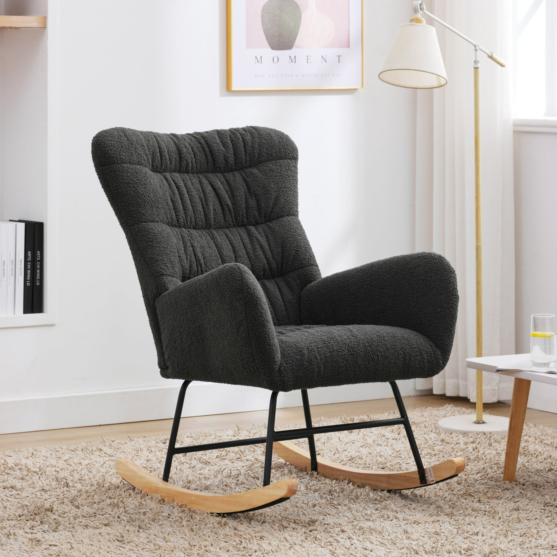 Nursery Rocking Chair, Teddy Upholstered Glider Rocker, Rocking Accent Chair With High Backrest, Comfy Rocking Accent Armchair For Living Room, Bedroom, Offices, Dark Gray Iron Dark Gray Primary Living Space Varnished Sponge Square Casual Rocking Chairs