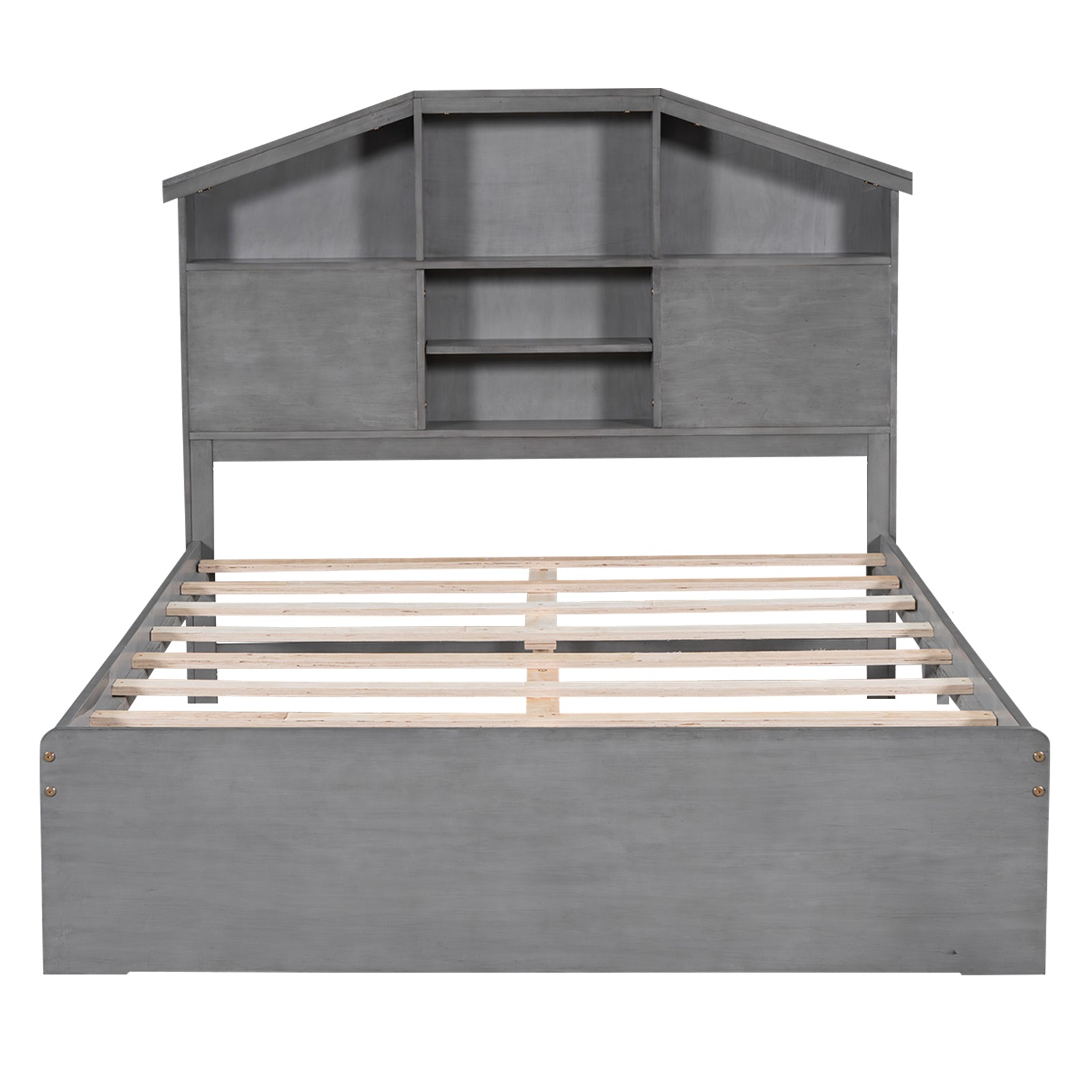 Full Size Wood Platform Bed With House Shaped Storage Headboard And 2 Drawers, Gray Box Spring Not Required Full Gray Wood Bedroom Solid Wood Mdf
