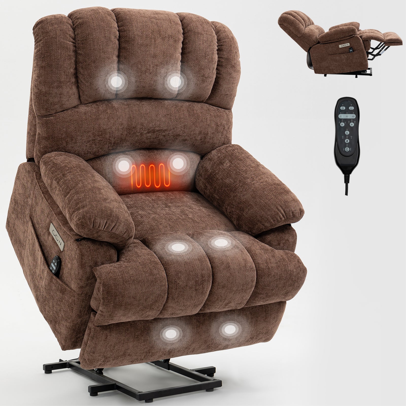 23" Seat Width And High Back Large Size Chenille Power Lift Recliner Chair With 8 Point Vibration Massage And Lumbar Heating, Brown White Metal Primary Living Space Heavy Duty Pine Dark Brown Chenille Power Push Button Medium Firm Cushion Back American