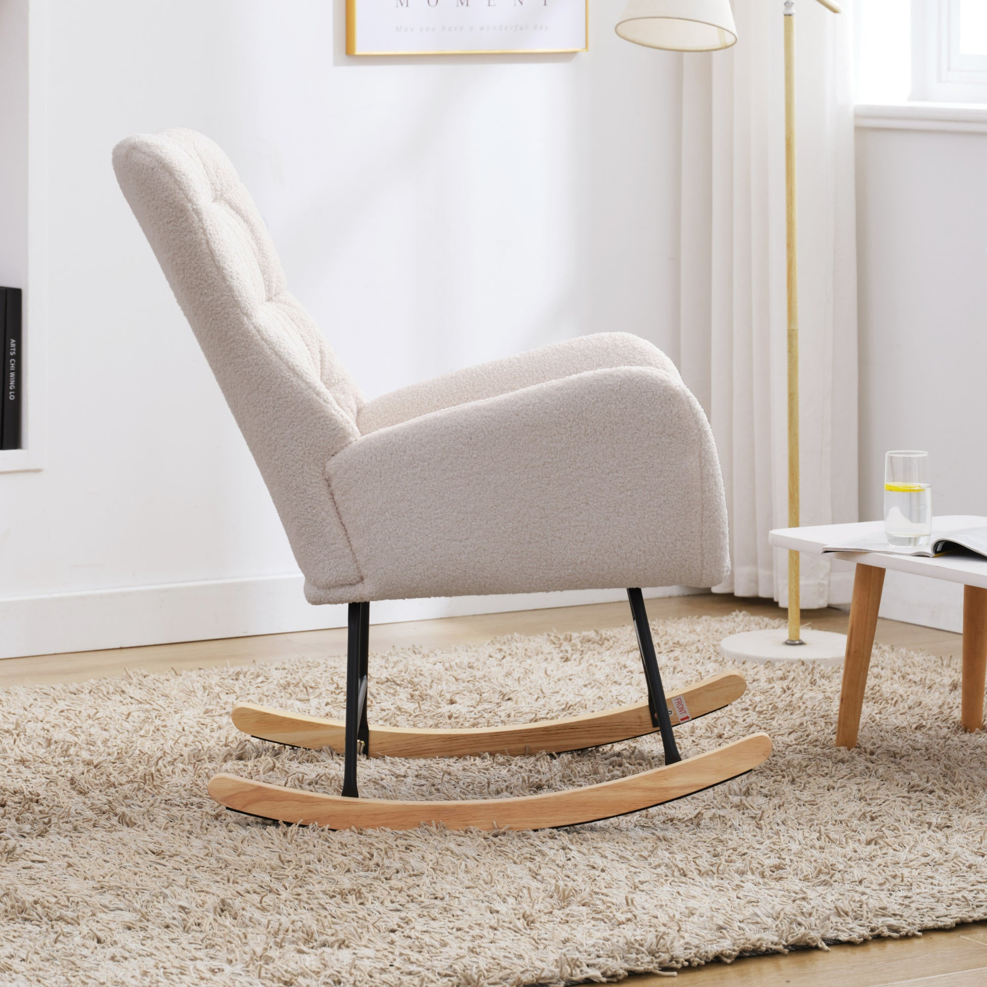 Nursery Rocking Chair, Teddy Upholstered Glider Rocker, Rocking Accent Chair With High Backrest, Comfy Rocking Accent Armchair For Living Room, Bedroom, Offices, White Iron White Primary Living Space Varnished Sponge Square Casual Rocking Chairs