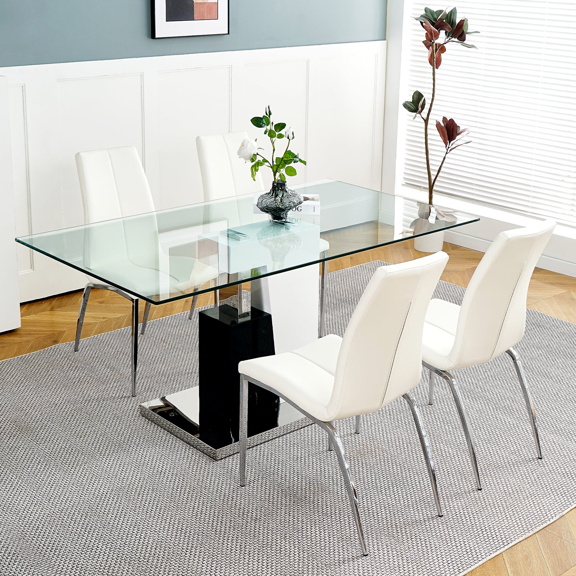 Modern Style Glass Table, Pu Fabric Chair Electroplated Chair Legs, Solid Support Base, Furniture Made Of Selected Materials To Highlight Fashion, Suitable For Living Room Use Set Of 5 White Mdf Metal