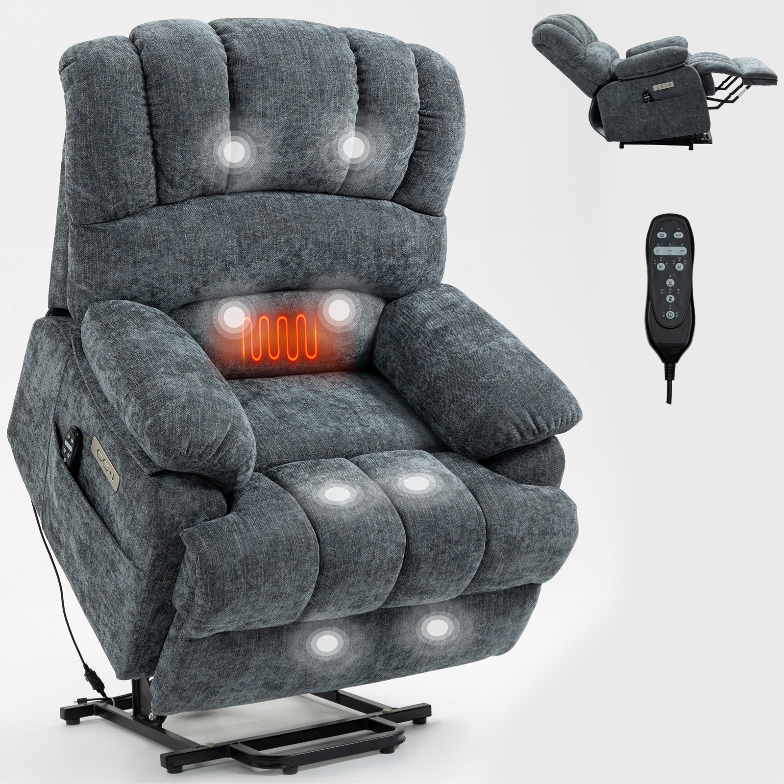 23" Seat Width And High Back Large Size Blue Chenille Power Lift Recliner Chair With 8 Point Vibration Massage And Lumbar Heating Blue Gray Chenille Metal Power Push Button Primary Living Space Medium Firm Cushion Back Heavy Duty American Design Pillow