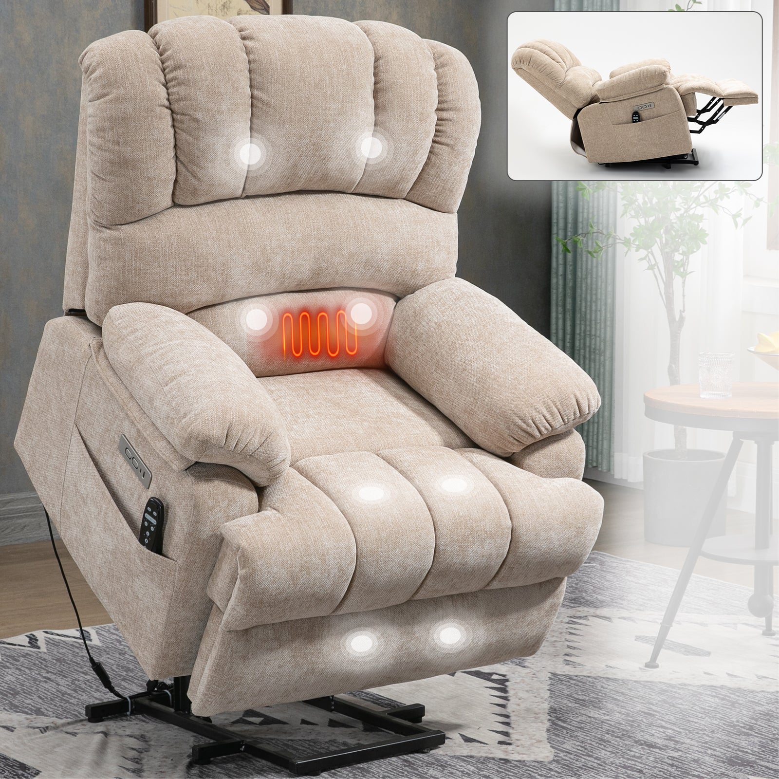 23" Seat Width And High Back Large Size Beige Chenille Power Lift Recliner Chair With 8 Point Vibration Massage And Lumbar Heating Beige Power Push Button Medium Firm Pillow Back Heavy Duty Pillow Top Arms Fiber Foam And Polyester Fiber Pad Chenille