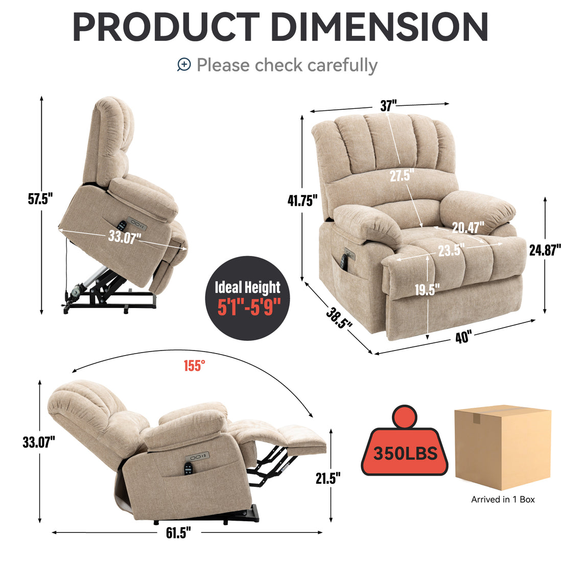 23" Seat Width And High Back Large Size Beige Chenille Power Lift Recliner Chair With 8 Point Vibration Massage And Lumbar Heating Beige Power Push Button Medium Firm Pillow Back Heavy Duty Pillow Top Arms Fiber Foam And Polyester Fiber Pad Chenille