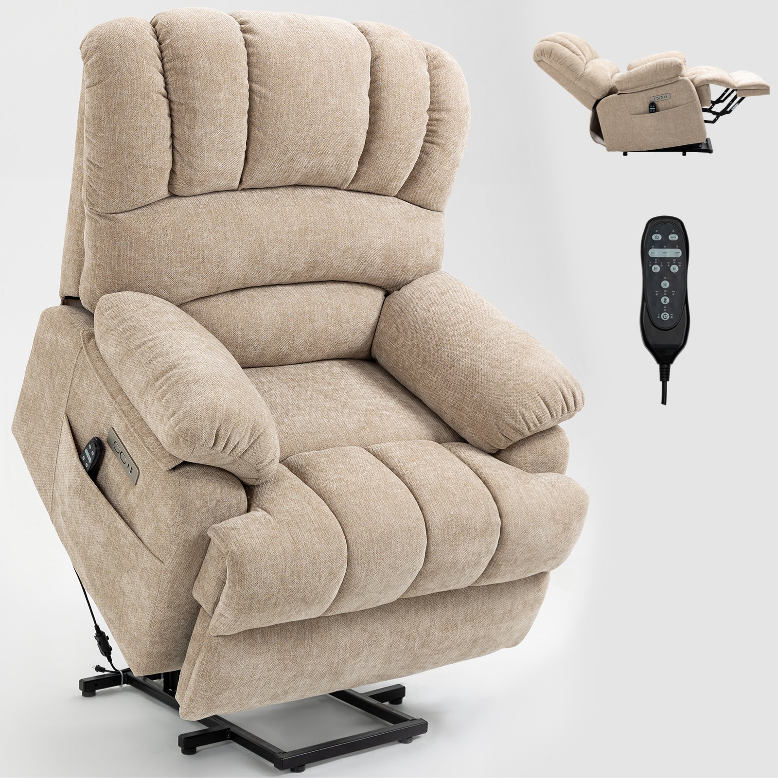 23" Seat Width And High Back Large Size Beige Chenille Power Lift Recliner Chair With 8 Point Vibration Massage And Lumbar Heating Beige Power Push Button Medium Firm Pillow Back Heavy Duty Pillow Top Arms Fiber Foam And Polyester Fiber Pad Chenille