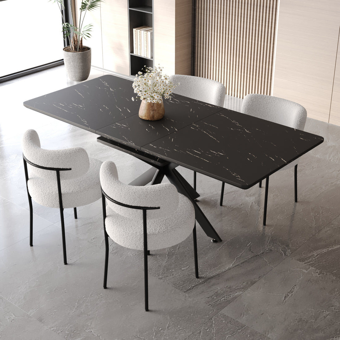 Scalable Dining Table Table Set For 4 8 Person For Dining Room,Curved Backrest Round Upholstered Soft Padded Armless Dining Chairs And Very Large Dining Room Table Kitchen Table Chair Set Black White Mdf Metal