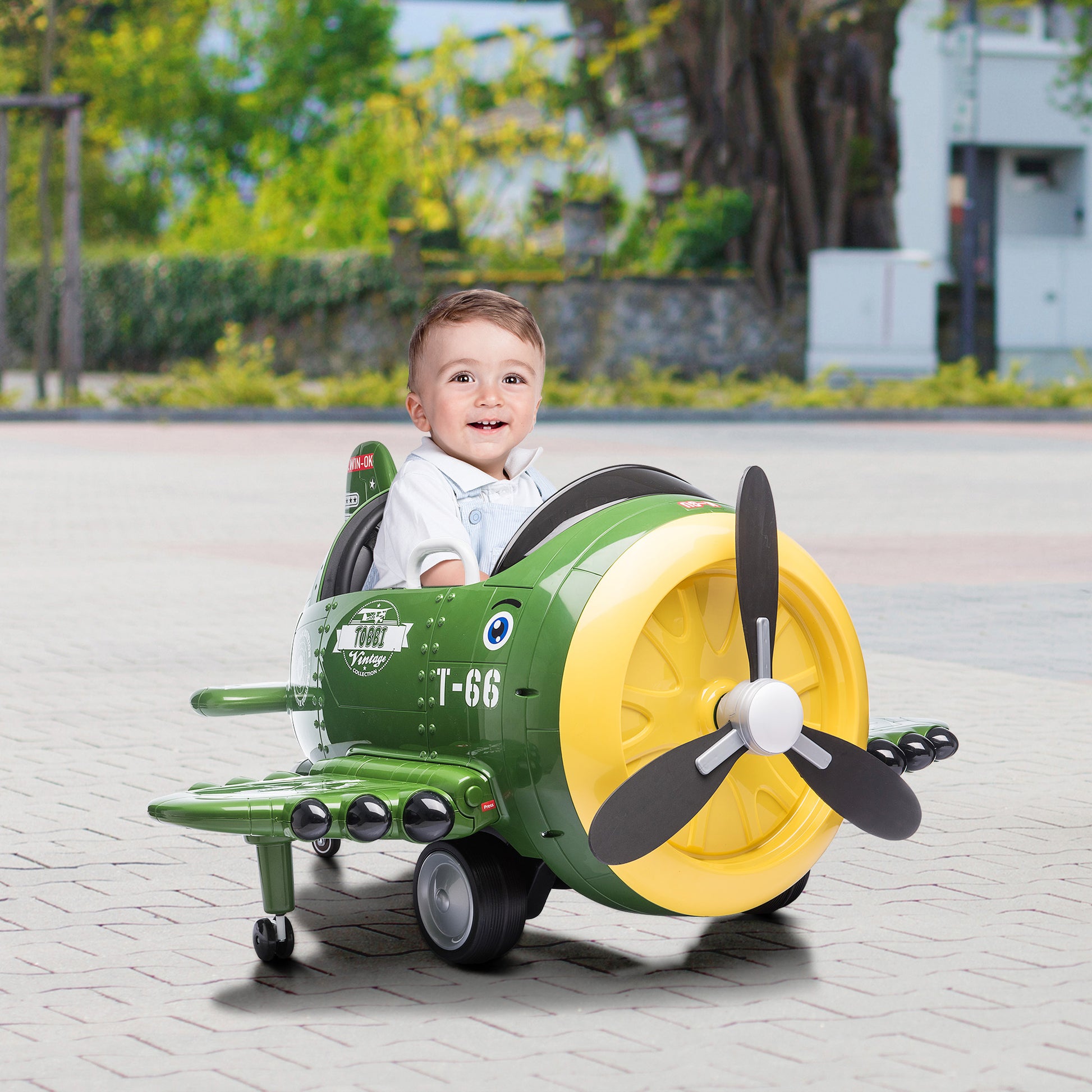 12V Electric Kids Ride On Toy Plane With Usb, Fm, Wind Driven Propeller, 360 Degree Rotating By 2 Joysticks, Remote Control For Kids 3 To 6, Army Green Army Green Polypropylene