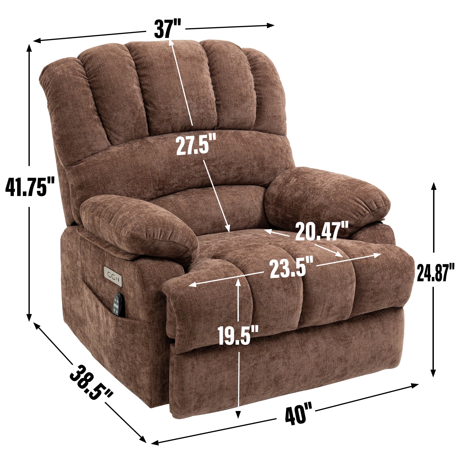 23" Seat Width And High Back Large Size Chenille Power Lift Recliner Chair With 8 Point Vibration Massage And Lumbar Heating, Brown White Metal Primary Living Space Heavy Duty Pine Dark Brown Chenille Power Push Button Medium Firm Cushion Back American