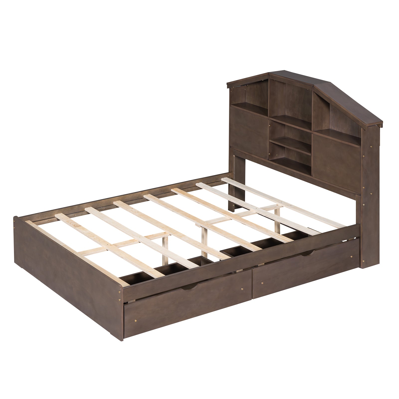 Full Size Wood Platform Bed With House Shaped Storage Headboard And 2 Drawers, Walnut Box Spring Not Required Full Walnut Wood Bedroom Solid Wood Mdf