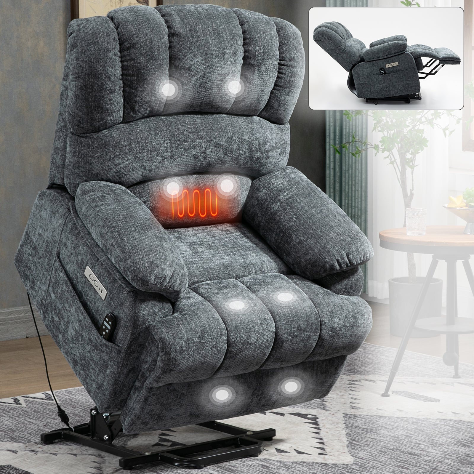 23" Seat Width And High Back Large Size Blue Chenille Power Lift Recliner Chair With 8 Point Vibration Massage And Lumbar Heating Blue Gray Chenille Metal Power Push Button Primary Living Space Medium Firm Cushion Back Heavy Duty American Design Pillow