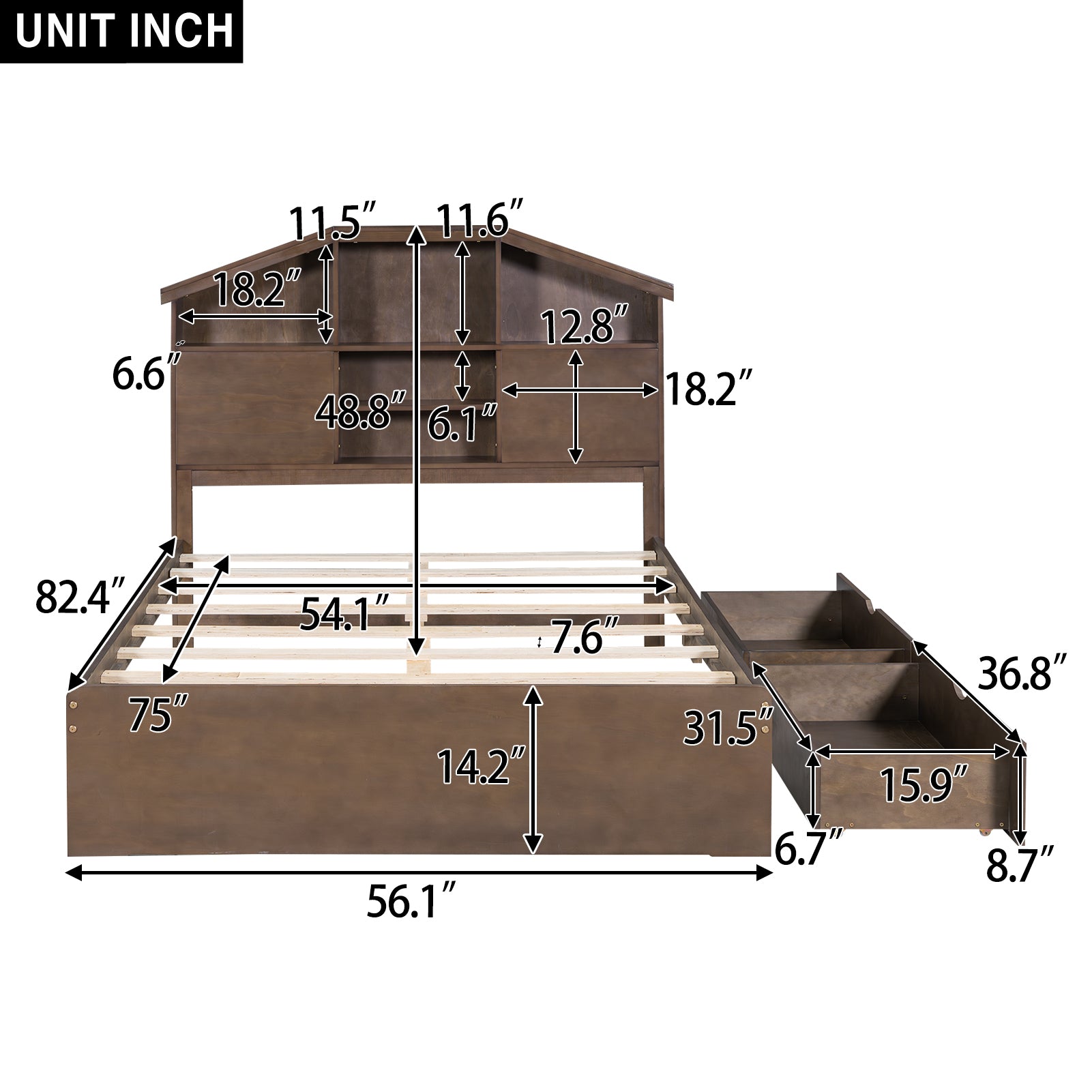 Full Size Wood Platform Bed With House Shaped Storage Headboard And 2 Drawers, Walnut Box Spring Not Required Full Walnut Wood Bedroom Solid Wood Mdf