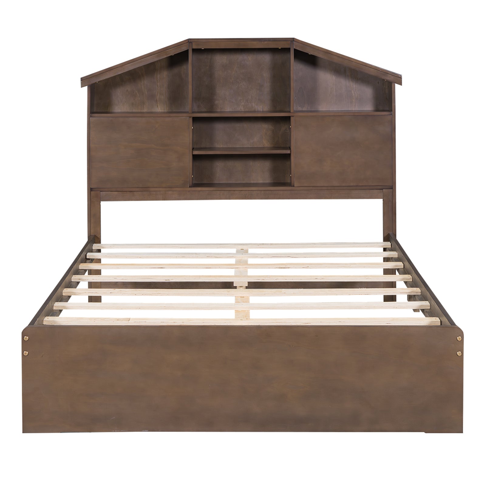 Full Size Wood Platform Bed With House Shaped Storage Headboard And 2 Drawers, Walnut Box Spring Not Required Full Walnut Wood Bedroom Solid Wood Mdf
