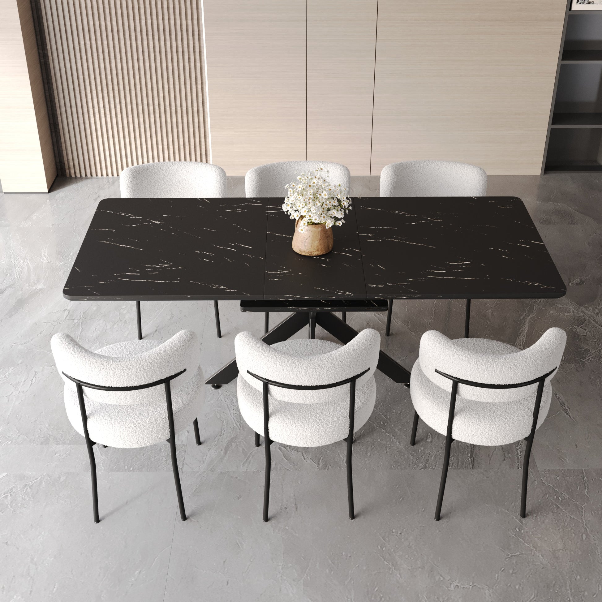 Scalable Dining Table Table Set For 6 8 Person For Dining Room,Curved Backrest Round Upholstered Soft Padded Armless Dining Chairs And Very Large Dining Room Table Kitchen Table Chair Set Black White Mdf Metal