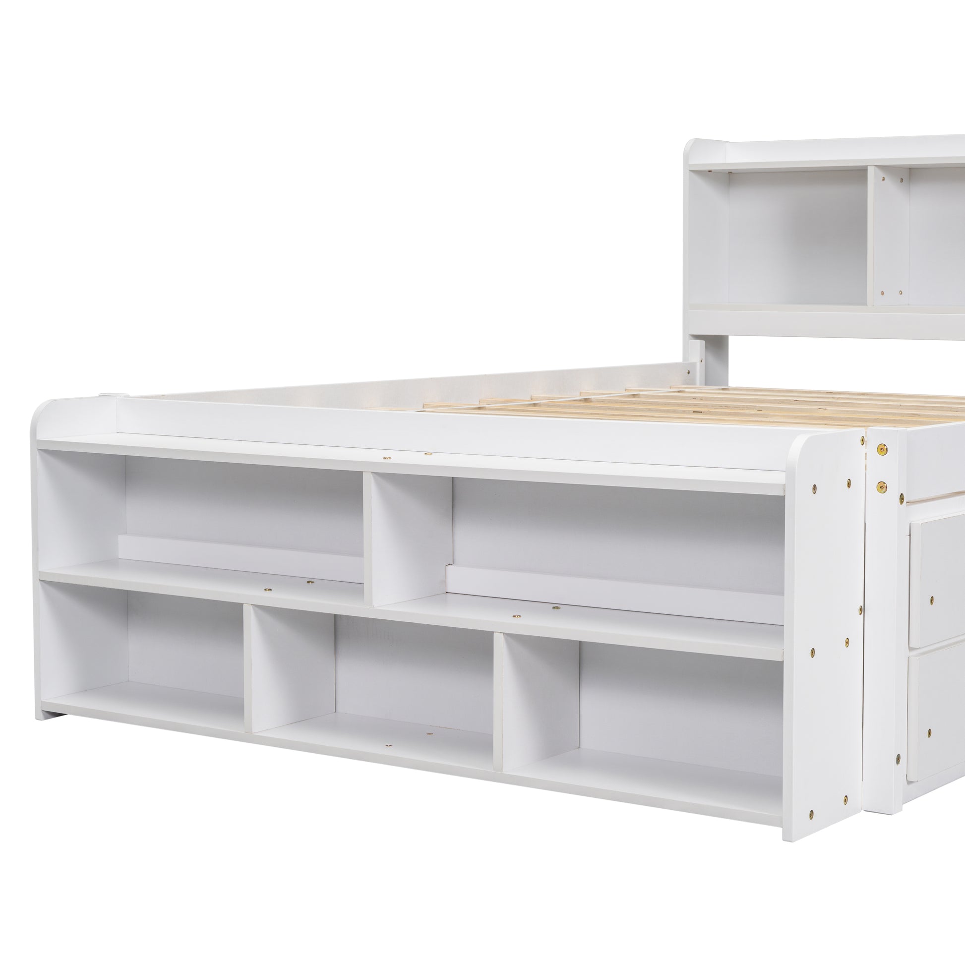 Full Bed With Bookcase Headboard, Under Bed Storage Drawers And Bed End Storage Case,White Full White American Design Pine