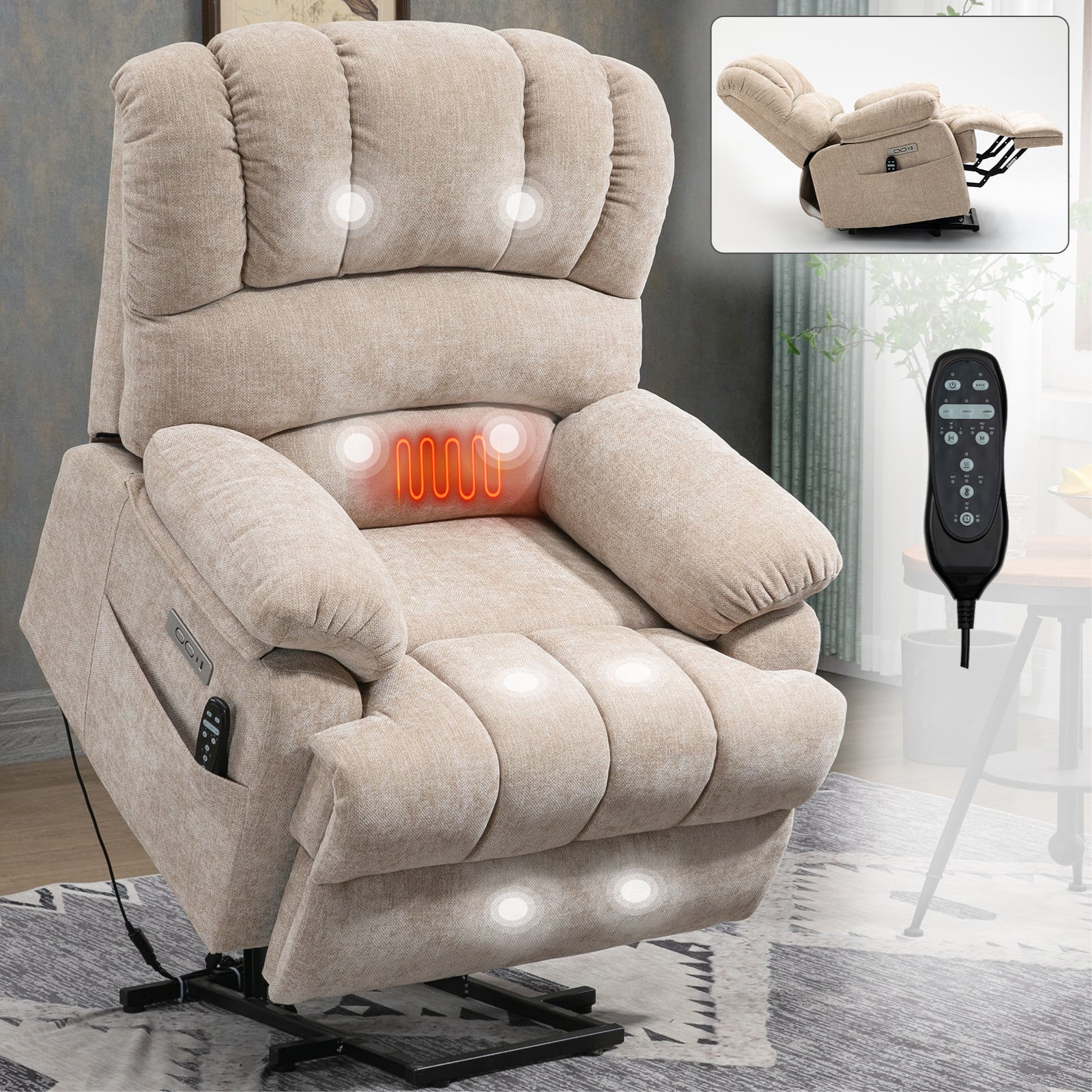 23" Seat Width And High Back Large Size Beige Chenille Power Lift Recliner Chair With 8 Point Vibration Massage And Lumbar Heating Beige Power Push Button Medium Firm Pillow Back Heavy Duty Pillow Top Arms Fiber Foam And Polyester Fiber Pad Chenille